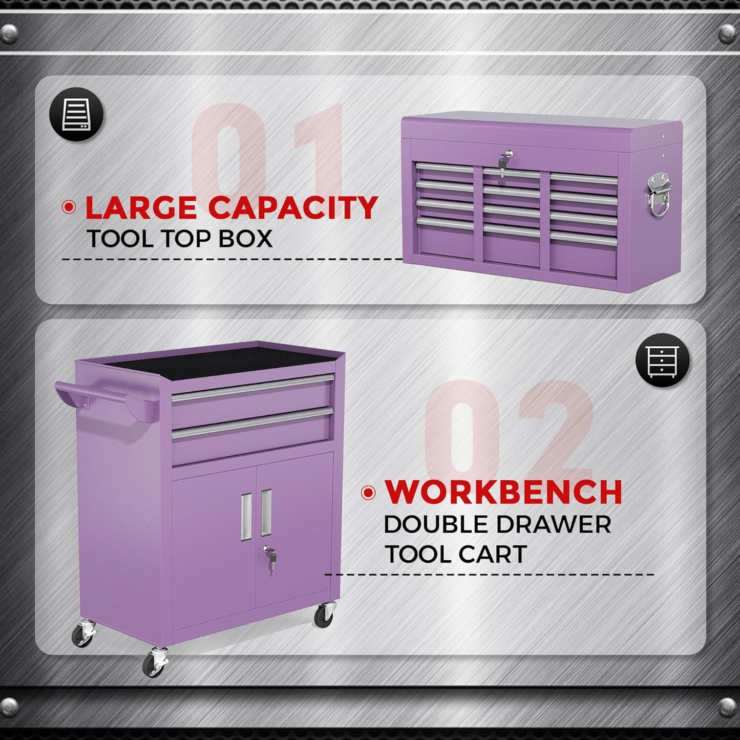 SOLAURA 8-Drawer Rolling Tool Chest with Detachable Top Box, Metal Tool Box with Wheels, Lockable Storage Cabinet for Warehouse, Garage, Workshop, Barbershop, Purple