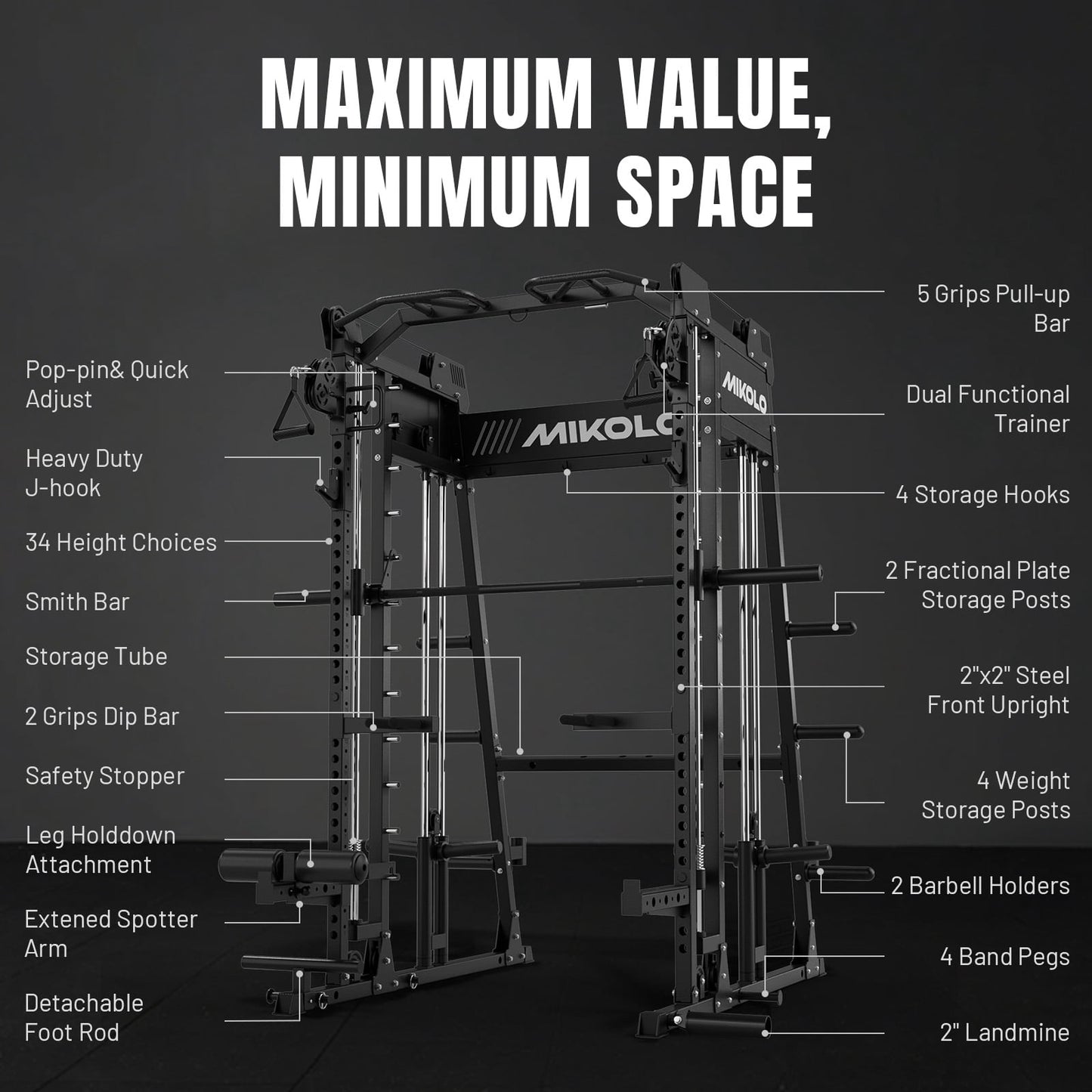 Mikolo M11 Smith Machine Home Gym, 2200LBS Power Rack with Functional Trainer, Cable Crossover, LAT Pulldown, Low Row, Landmine and Plate Storage for Full Body Strength Training