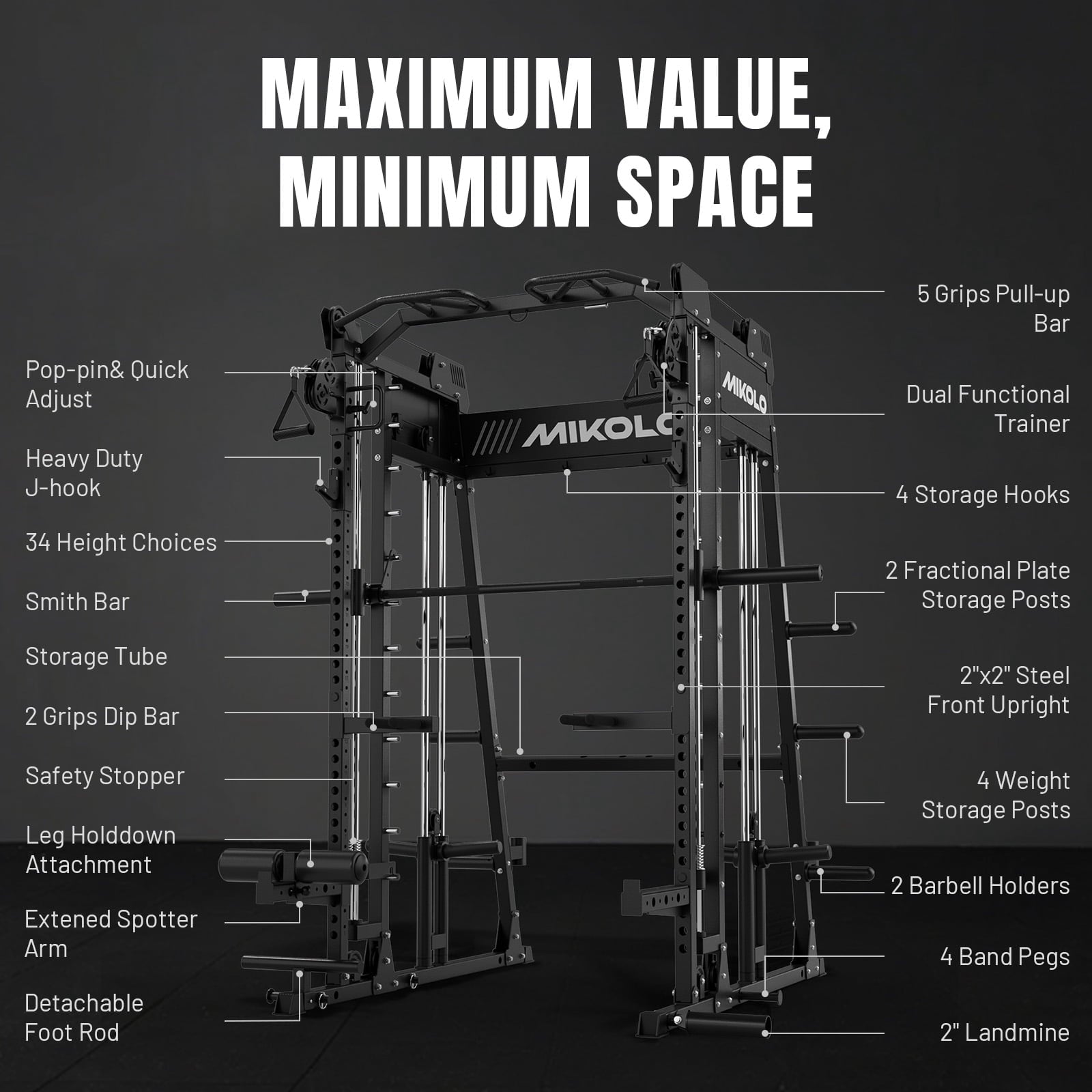 Mikolo M11 Smith Machine Home Gym, 2200LBS Power Rack with Functional Trainer, Cable Crossover, LAT Pulldown, Low Row, Landmine and Plate Storage for Full Body Strength Training