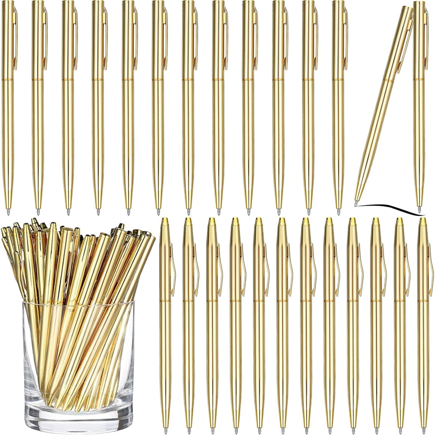 Qianfeng 25 Pack Bulk Gold Pens (2 Styles) Retractable Ballpoint Pens with Black Ink, 1.0mm Tip, Ideal for Wedding Favors and Office Business Use