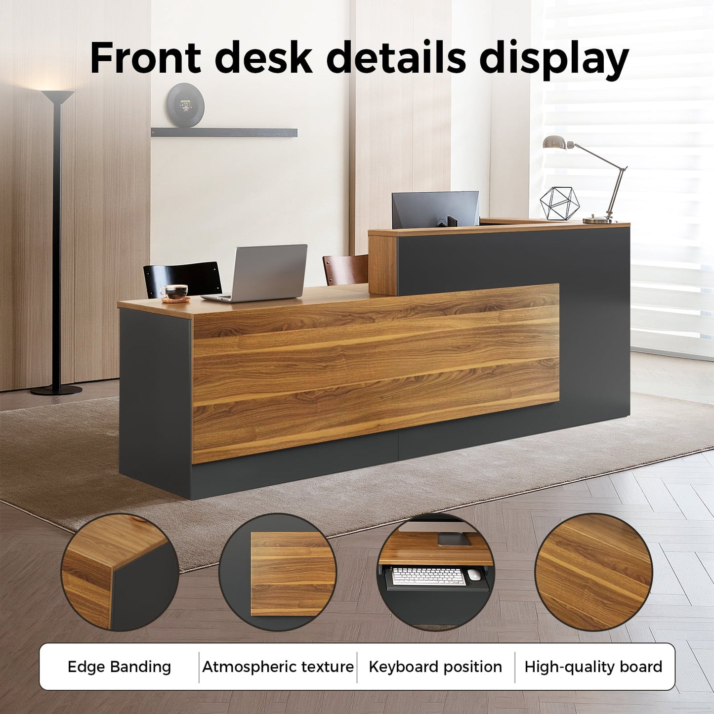 L-Shaped Reception Desk with Lockable Drawers and Storage Shelves, Multi-Functional Computer Desk for Office (Left Hand L-Shaped; Walnut & Iron Gray; 87"Lx 24"W x 41"H)