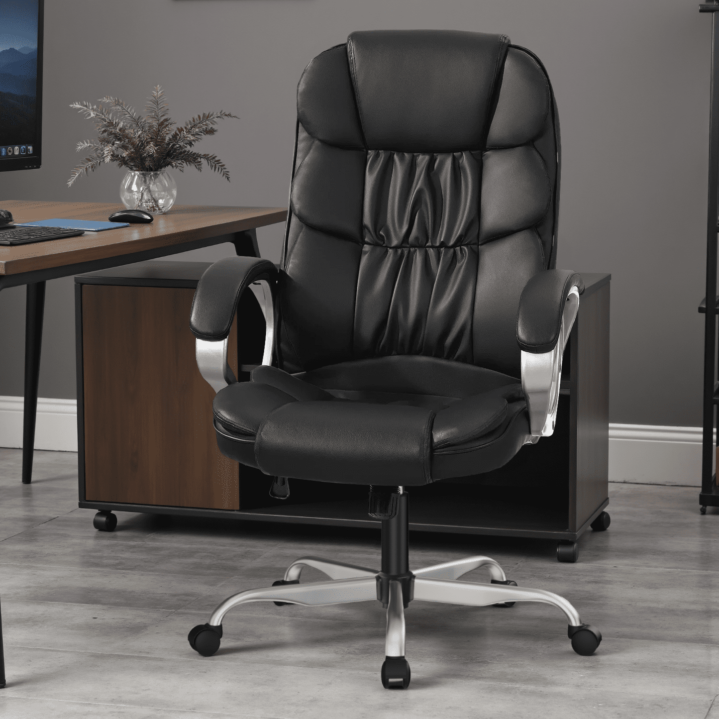 Furmax High Back Office Adjustable Ergonomic Desk Padded Armrests Executive PU Leather Swivel Task Chair with Lumbar Support, Black
