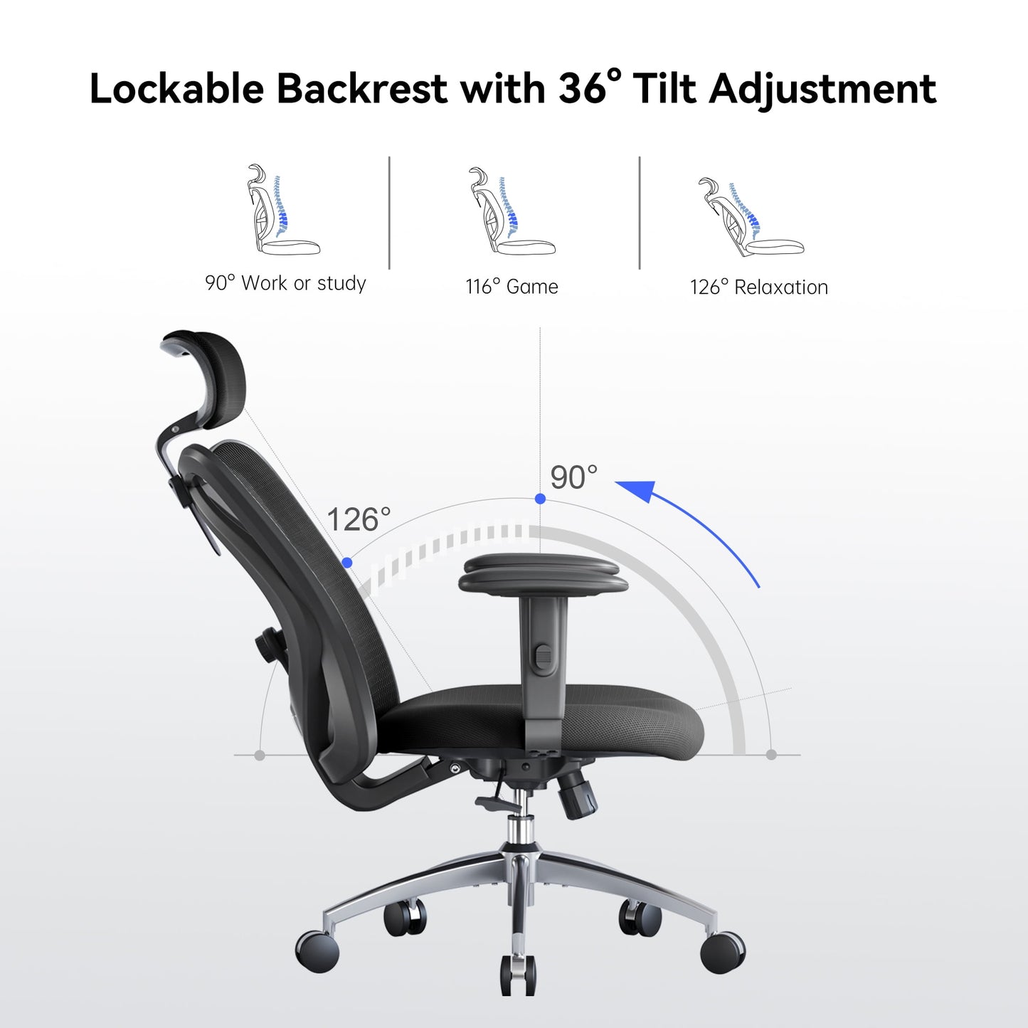 Sihoo M18 Mesh Ergonomic Office Chair with Adjustable Lumbar Support, High Back, Black