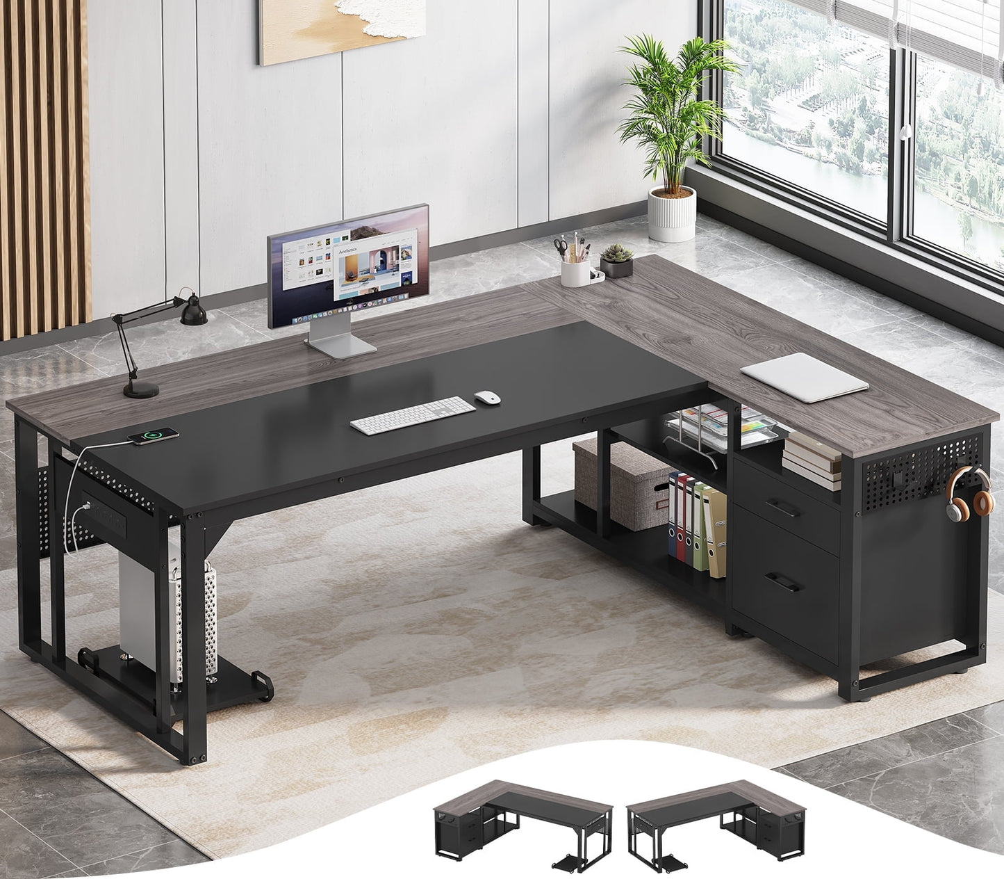 71" Executive Desk with Power Outlets, Modern L Shaped Office Desk with File Drawers and Pegboard, Large Computer Desk, Gray