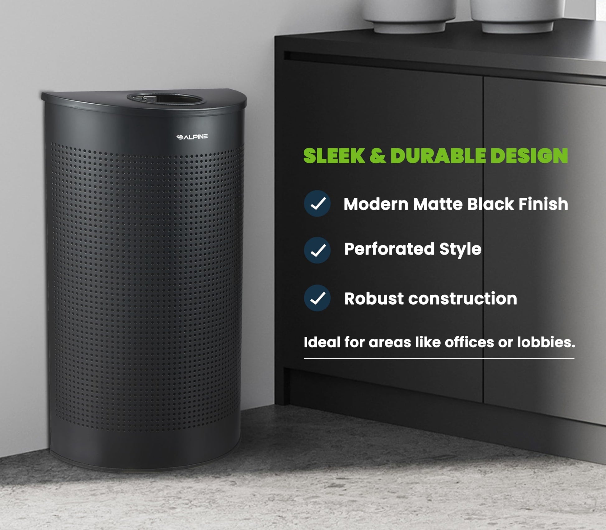 Alpine Half Round Trash Can Open Top - Modern Black Metal 12 Gallon Trash Can, Space Saving Indoor Commercial Trash Can, Perfect for Bathroom, Office, Lobby and Business.