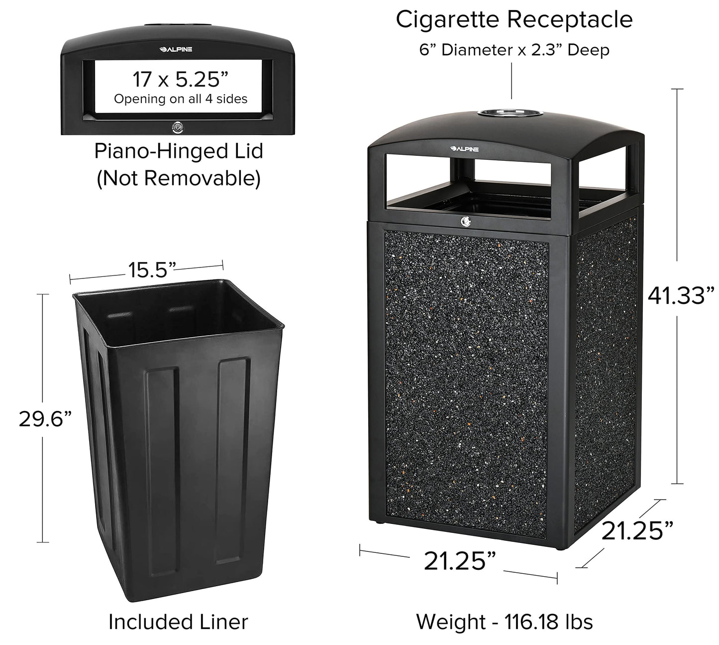 Alpine Outdoor Commercial Trash Can with Lid - 40 Gallon Heavy Duty Metal Garbage Can with Removable Bin, Locking Lid, Perfect for Patio, Pool, Deck, Mall Black, Grey Stone Panels (Tray)