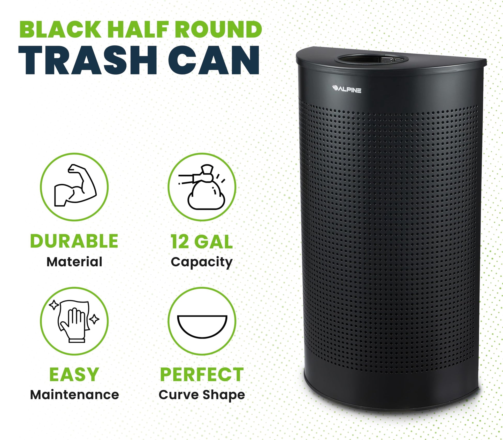 Alpine Half Round Trash Can Open Top - Modern Black Metal 12 Gallon Trash Can, Space Saving Indoor Commercial Trash Can, Perfect for Bathroom, Office, Lobby and Business.