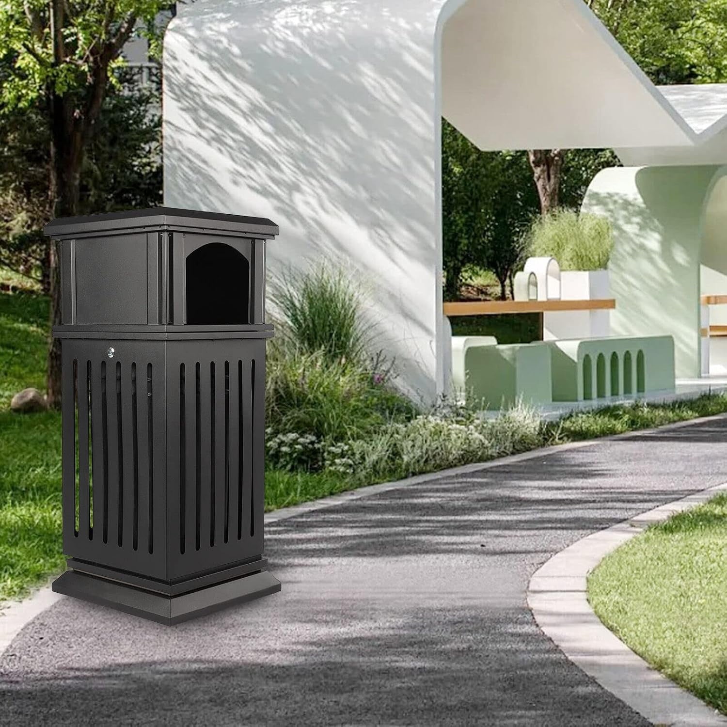 Trash Can with Lid, Large Commercial Garbage Waste for Yard Garage, Heavy Duty Industrial Waste Container (Dark Brown)