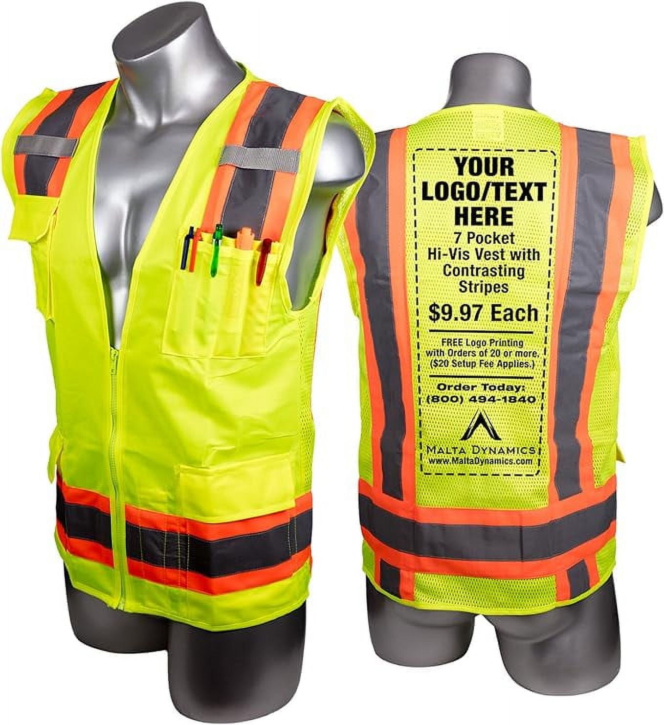 Malta Dynamics High Vis Yellow Safety Surveyor Vest, OSHA/ANSI Compliant, Large, 50 Pack