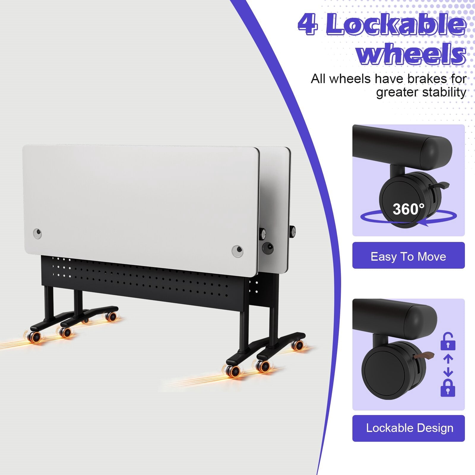 Lrxmastery Folding Conference Table, Commercial Training Desk with Lockable Casters, Sturdy Steel Frame for Classroom & Meeting Room, 4Pack