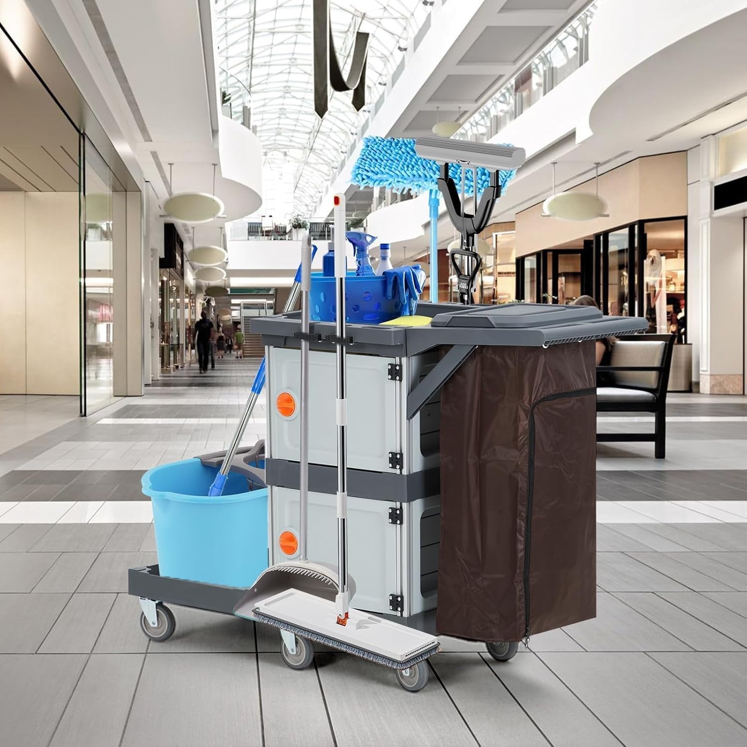 IdeaHouse Janitorial Cart with 2 Cabinets, 3-Shelf Commercial Cleaning Cart on Wheels with Cover & Vinyl Bag, Silent Casters, Heavy-Duty Housekeeping & Custodial Utility Cart