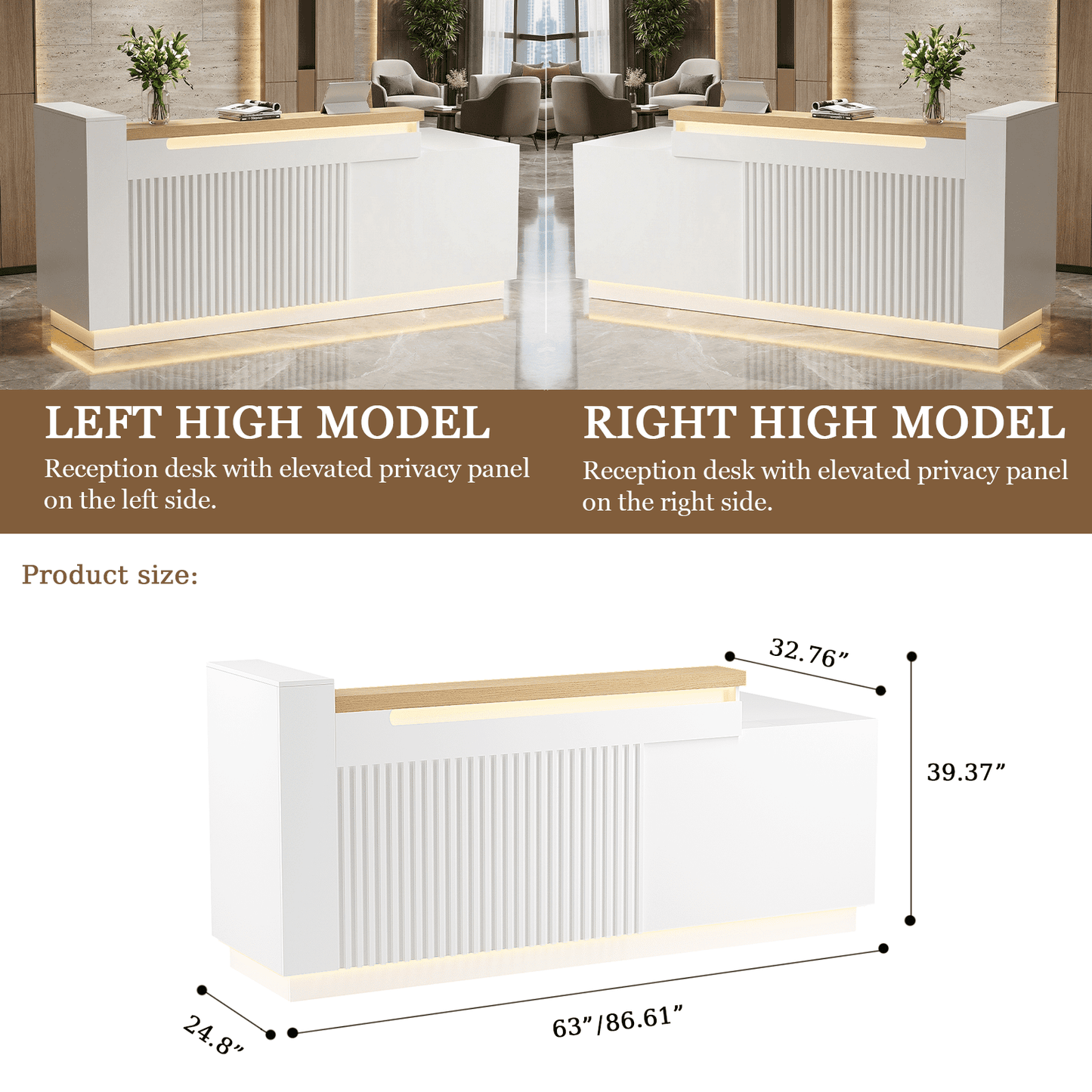 63" White L-Shaped Reception Desk with Left Counter, Modern Front Desk with Built-in Power Outlets, Locking Drawers & LED Lights for Office, Salon & Retail