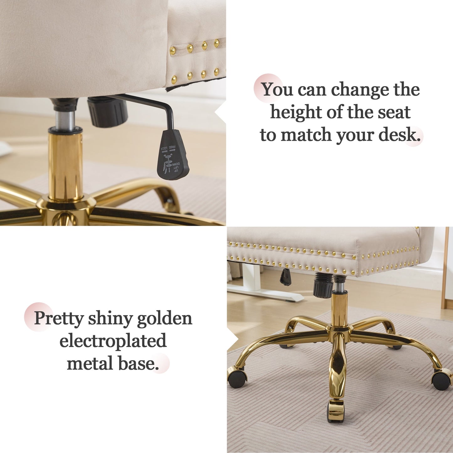 PAPROOS Vanity Chair, Swivel Home Office Chair, Ergonomic Home Desk Chair with Golden Metal Base, Adjustable Height, Velvet Upholstered Tufted Button Task Chair, Beige