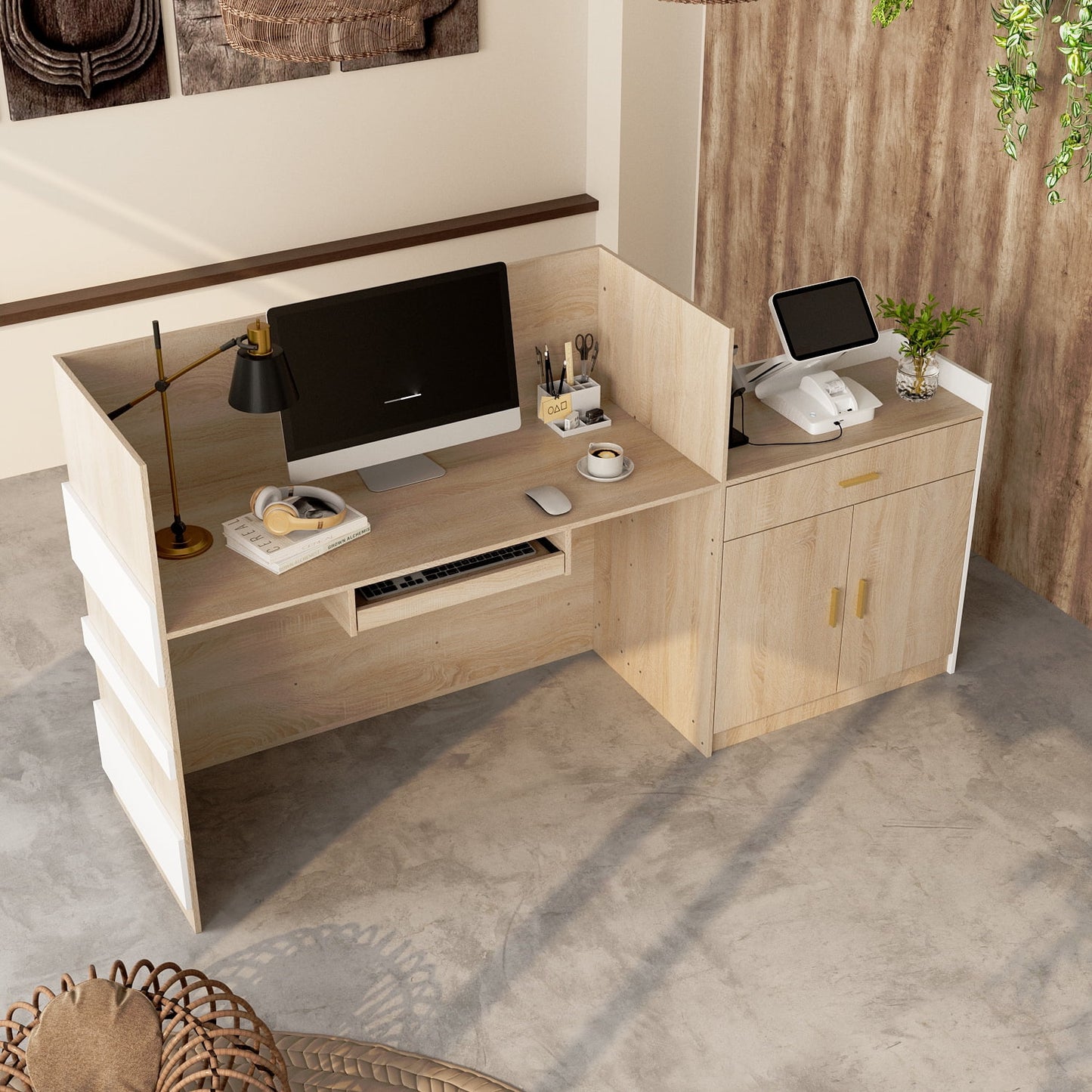 KULAGAGA Reception Desk with Drawer & Cabinet, Reception Counter Desk with Keyboard Tray, Front Reception Table Retail Counter for Checkout, for Office Store, Oak and White, 25.2”D x 87.2”W x 47.2”H