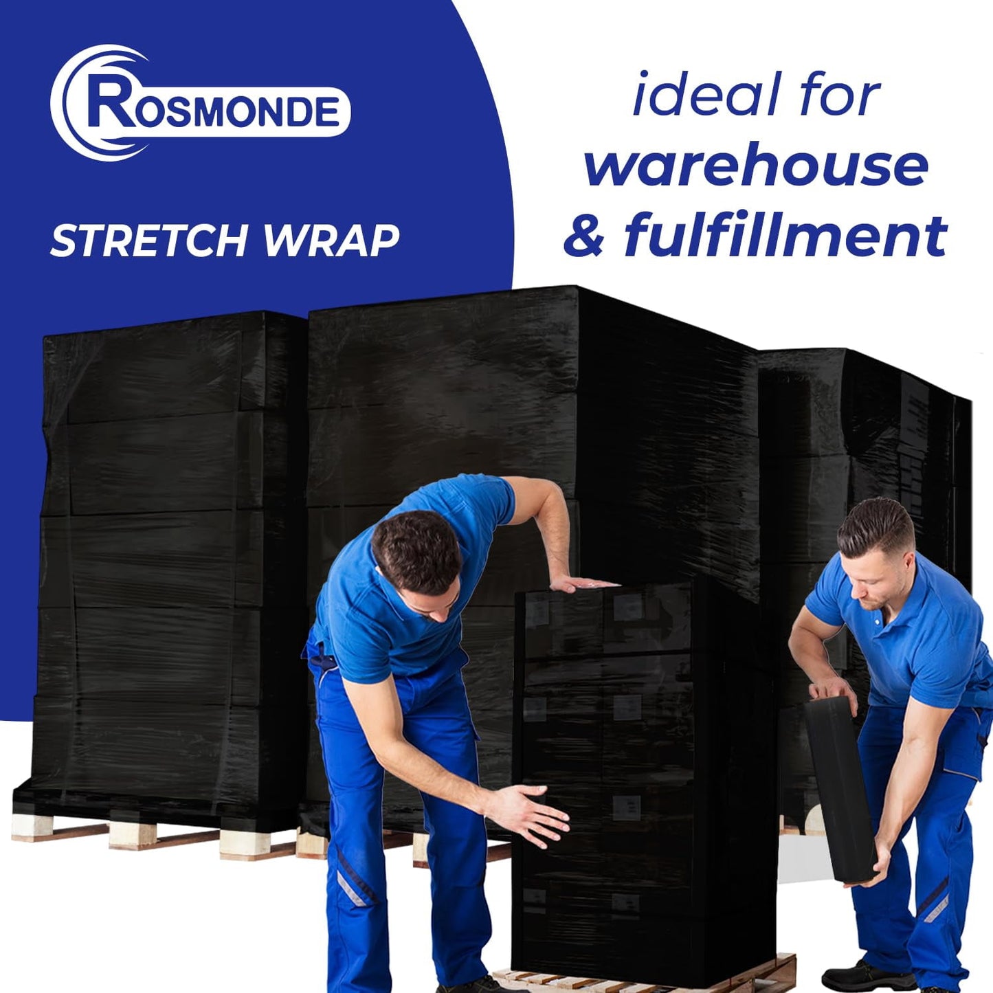 Rosmonde Black Plastic Stretch Wrap Bulk, 128 Rolls Pack, 18 in x 1500 ft, 80 Gauge Thick, 9.4 lbs/Roll, Industrial Strength Shrink Wrap for Warehouse, Moving & Secure Pallet Wrapping