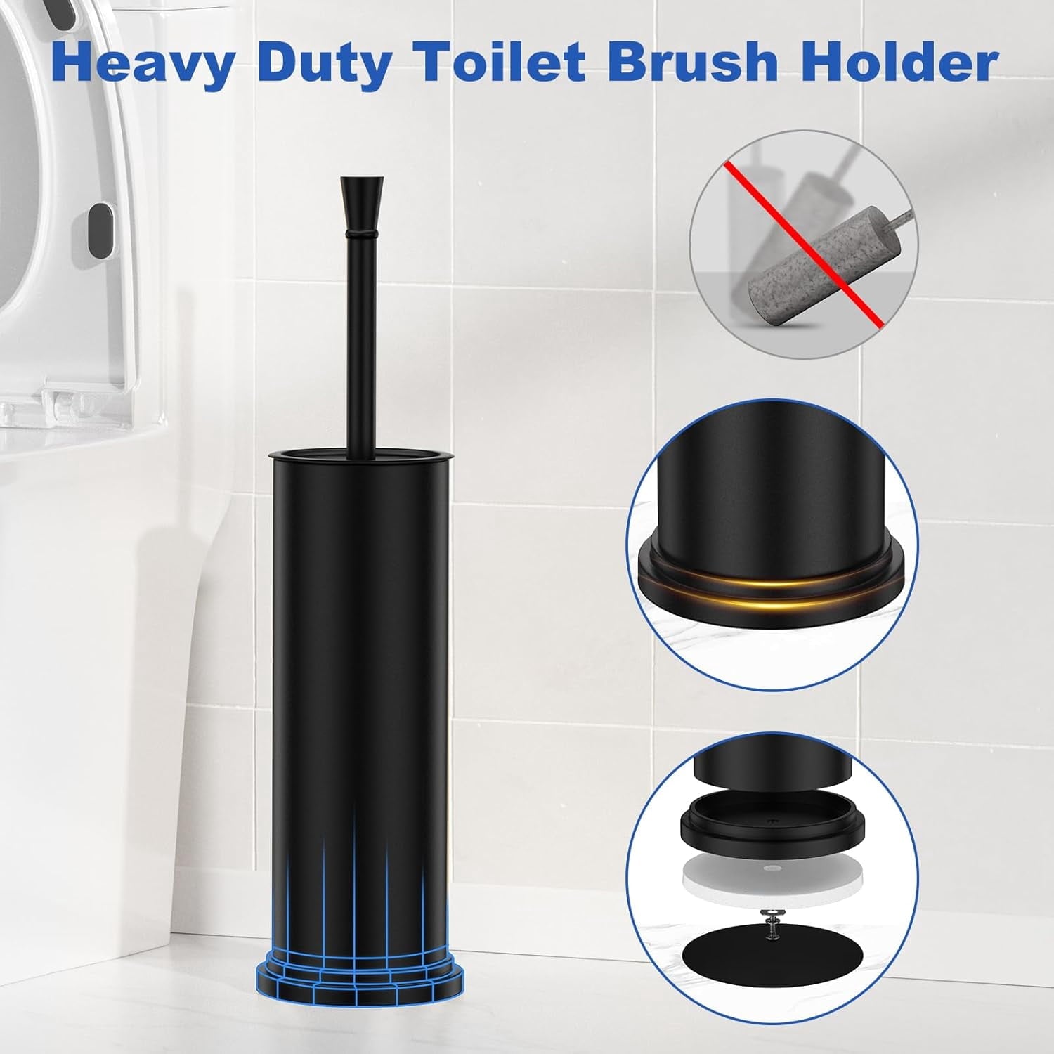 Black Toilet Brush and Holder，Extra Long Handled Black Toilet Brush for Bathroom，Stainless Steel Heavy Duty Toilet Bowl Brush,Deep Cleaning Modern Toilet Cleaner Brush -Space Saving