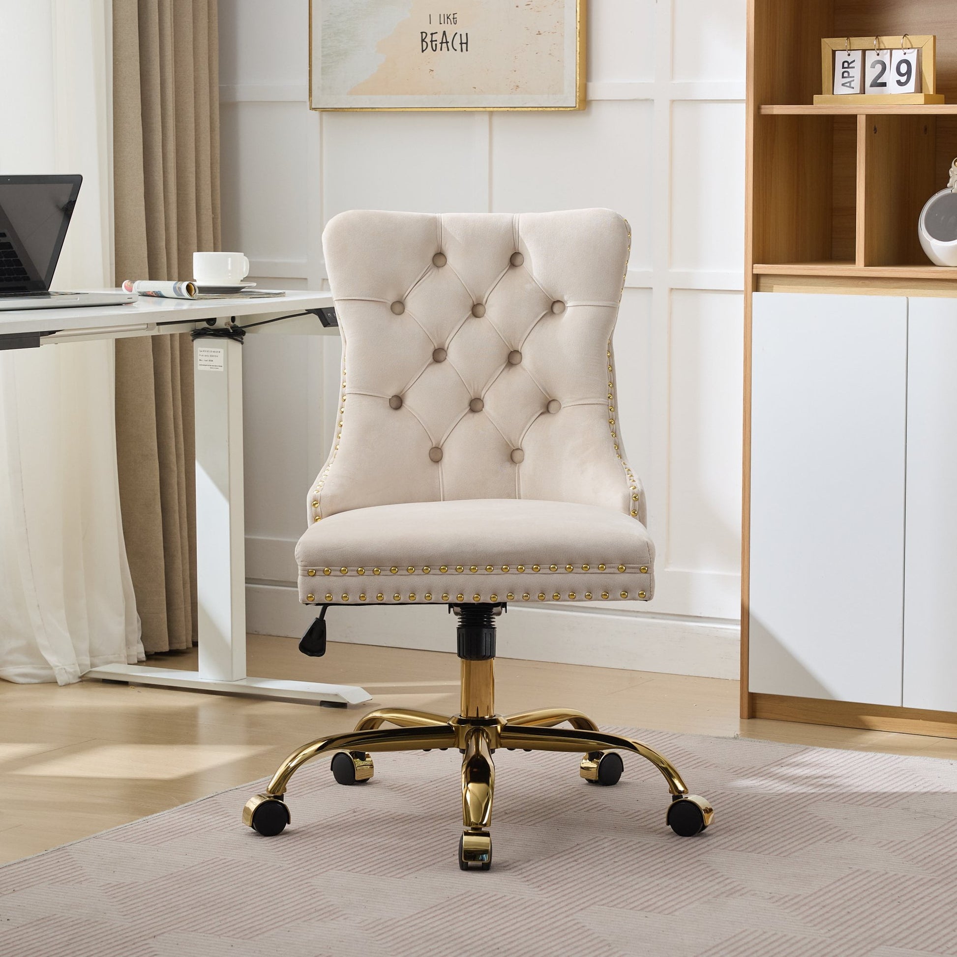PAPROOS Vanity Chair, Swivel Home Office Chair, Ergonomic Home Desk Chair with Golden Metal Base, Adjustable Height, Velvet Upholstered Tufted Button Task Chair, Beige