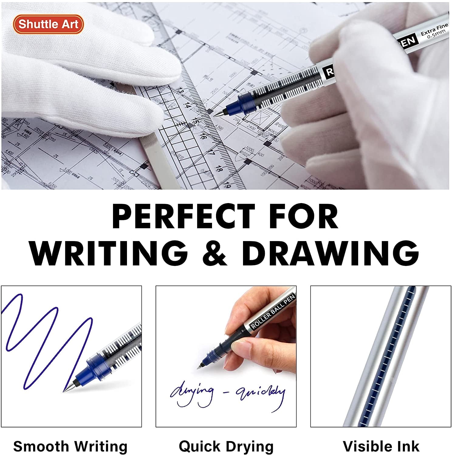 Shuttle Art Permanent RollerBall Pens, 25 Pack Blue Fine Point Roller Ball Pens, 0.5mm Liquid Ink Pens for Writing Journaling Taking Notes Office
