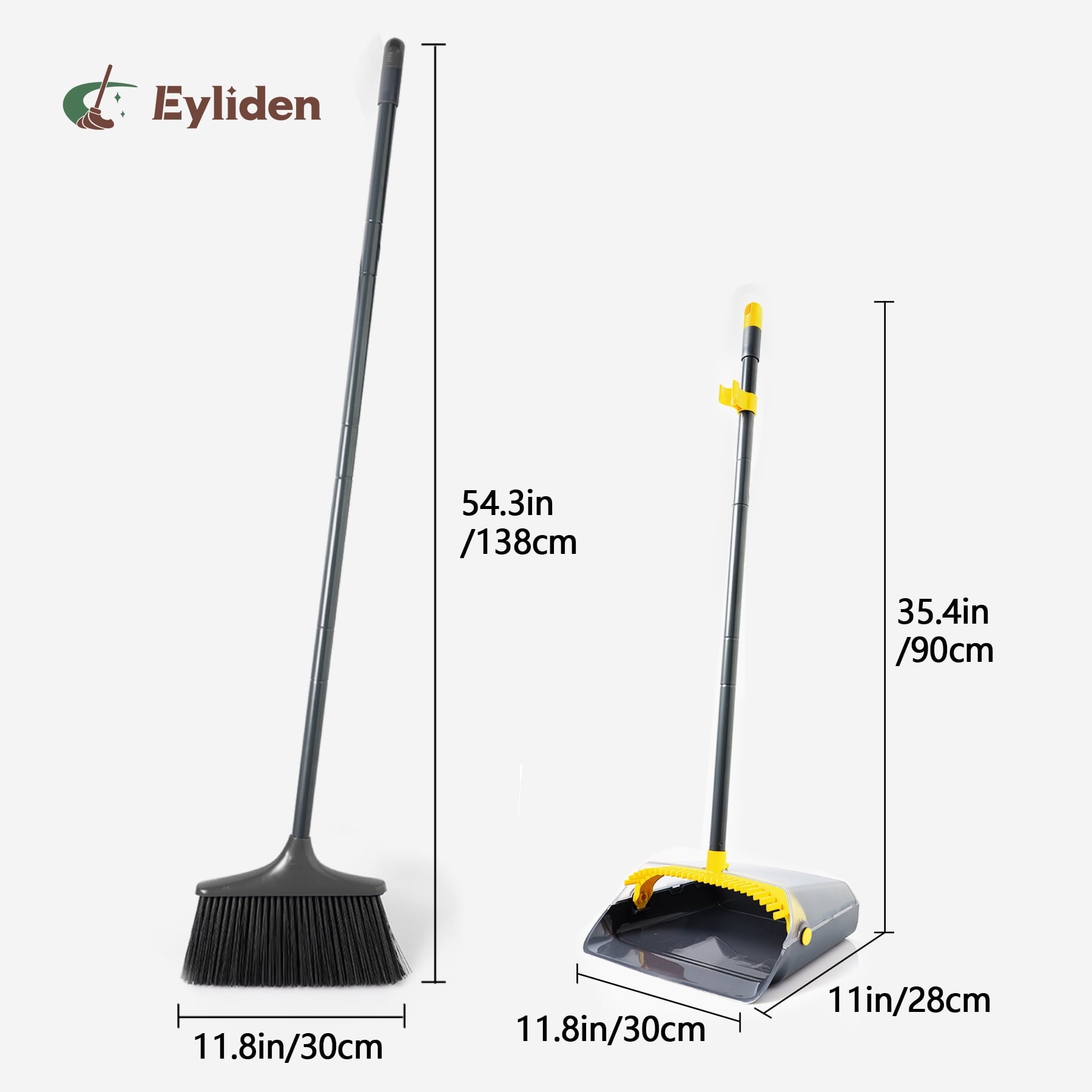 Eyliden Thicker Broom and Dustpan Set for Home with 54in Long Handle and Teeth Brush, Grey