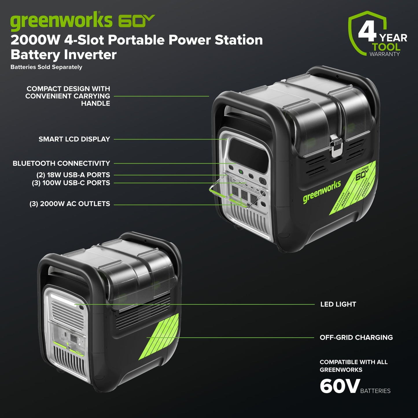 Greenworks 60V 2000W 4-Slot Portable Power Station Battery Inverter