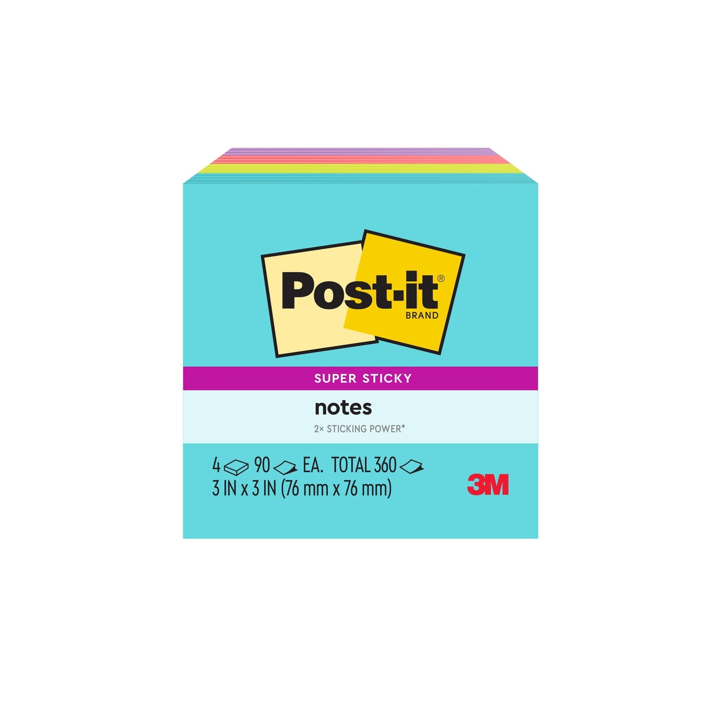 Post-it Super Sticky Notes, 3 in. x 3 in., Supernova Neons, 4 Pads