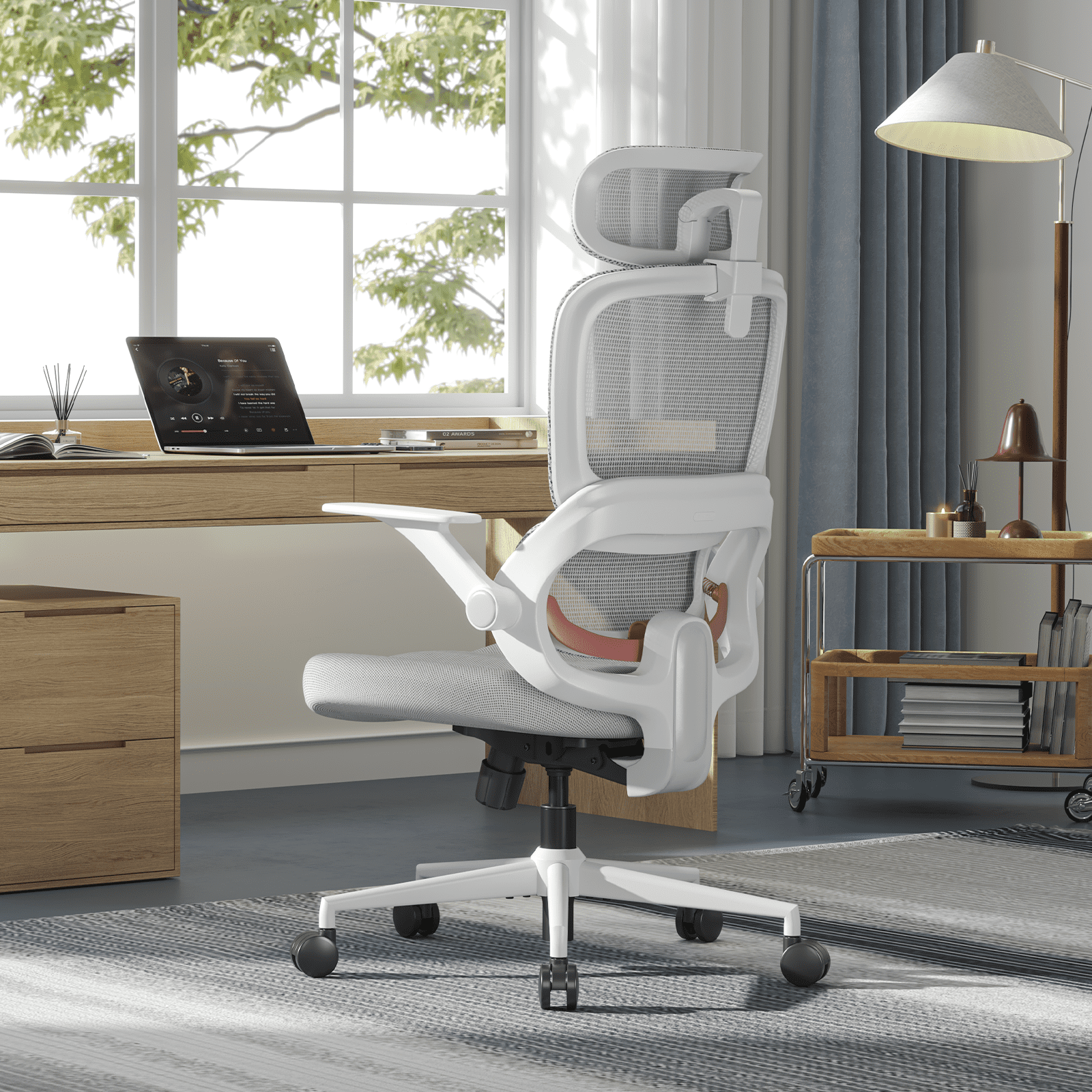 SIHOO B100 Se Office Chair, Deak Chairs with Cotton Seat & Dual-Back, 2D Headrest & Flip-up Armrest, Comfort Mesh Ergonomic Chair for Home Office, Teen, 300lbs, Light Gray