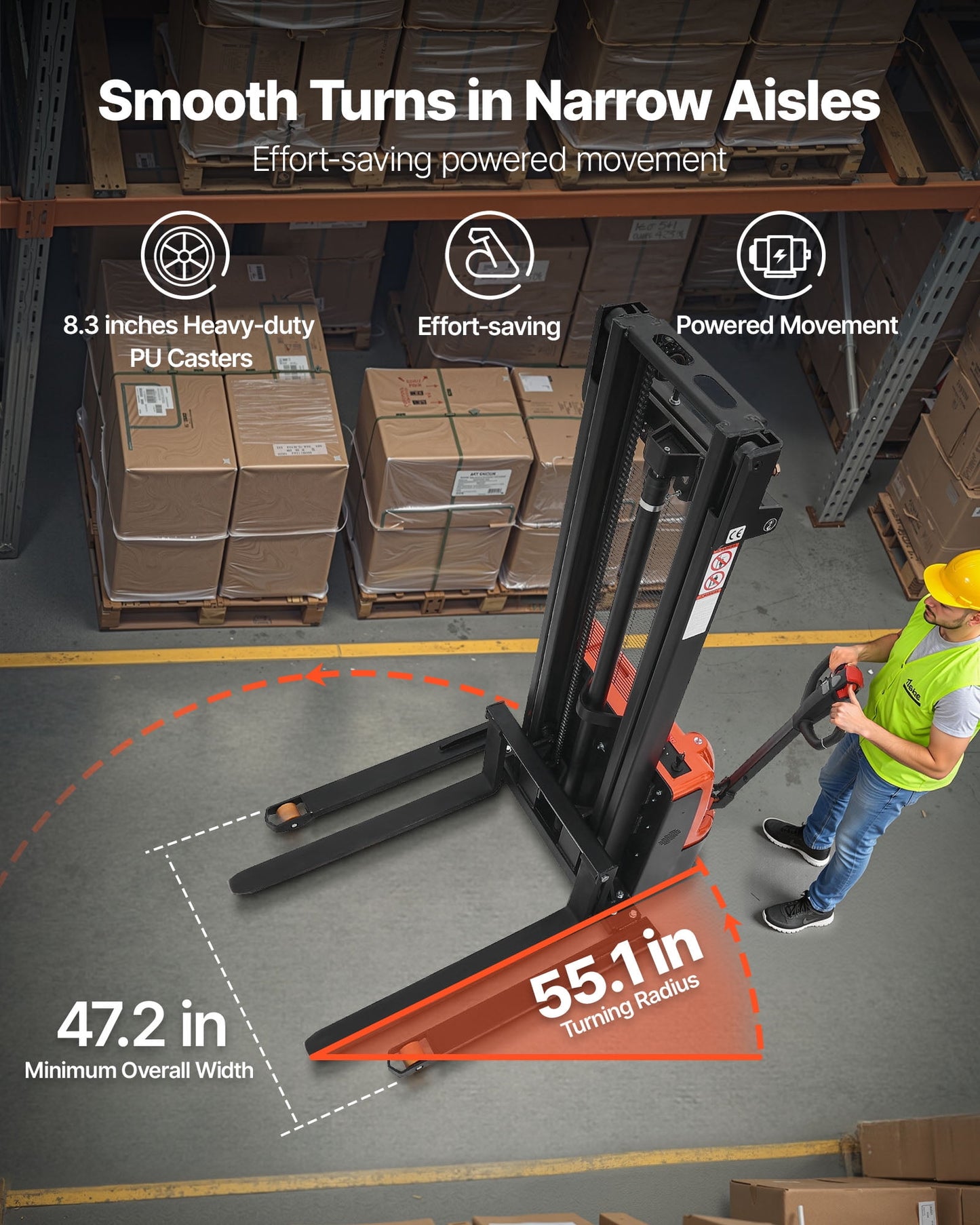 VEVOR Full Electric Pallet Stacker, 3300 lbs Capacity, Pallet Lift Stacker Forklift with Straddle Legs & Forks, 127.6 Inches Lifting Height & 8.66-31.1 Inches Adjustable Fork Width, Orange & Black
