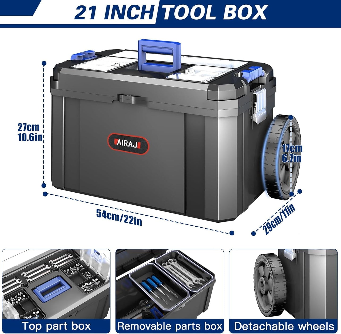 3 IN 1 Rolling Tool Box With Wheels,Stackable Modular Tool Storage Organizer & Removable Small Parts Trays for Garage Workshop Home Storage (17"+19"+21")