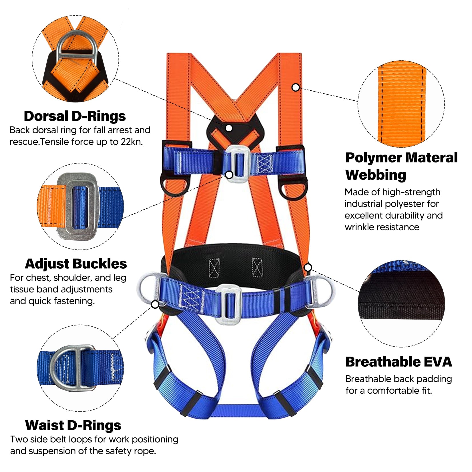 Vonlx Industrial Fall Protection Harness with Shock Absorbing Lanyard, Comfort Pad, and D-Ring, Blue, 1 Piece