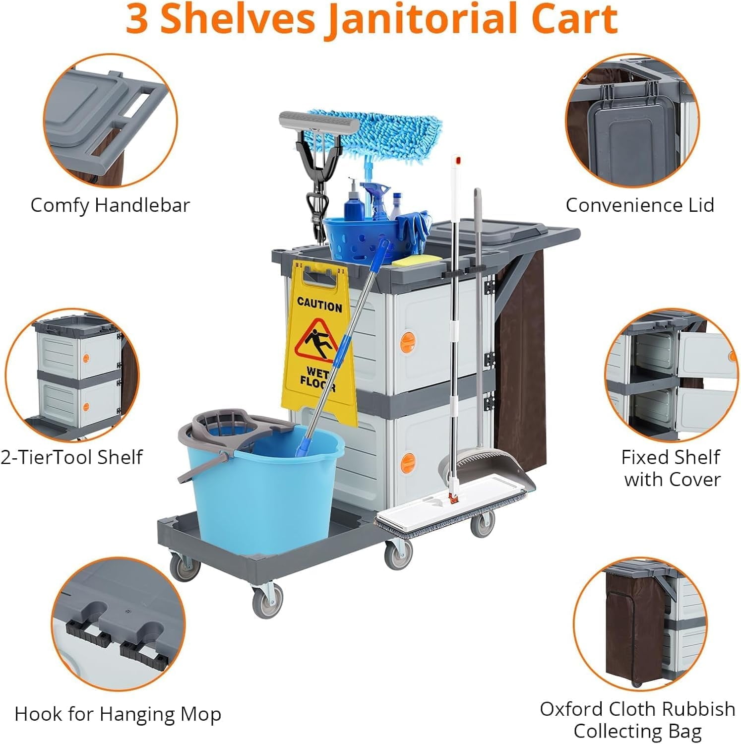 IdeaHouse Janitorial Cart with 2 Cabinets, 3-Shelf Commercial Cleaning Cart on Wheels with Cover & Vinyl Bag, Silent Casters, Heavy-Duty Housekeeping & Custodial Utility Cart