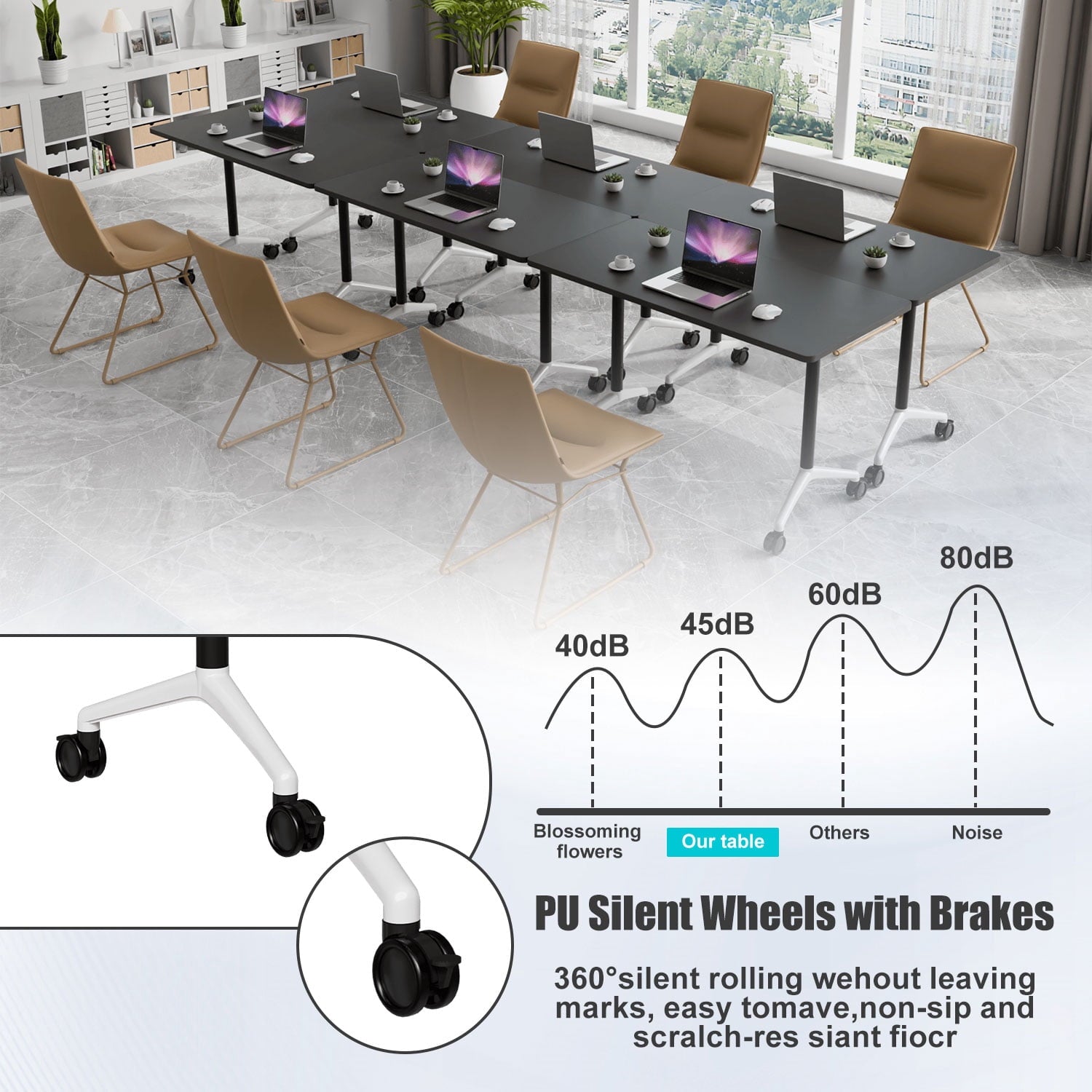 Folding Conference Table with Wheels, Modular Flip Top Meeting Desk, Commercial Training Table for Office Classroom(8,Black 2,61" D X 19.6" W X 29.5" H)