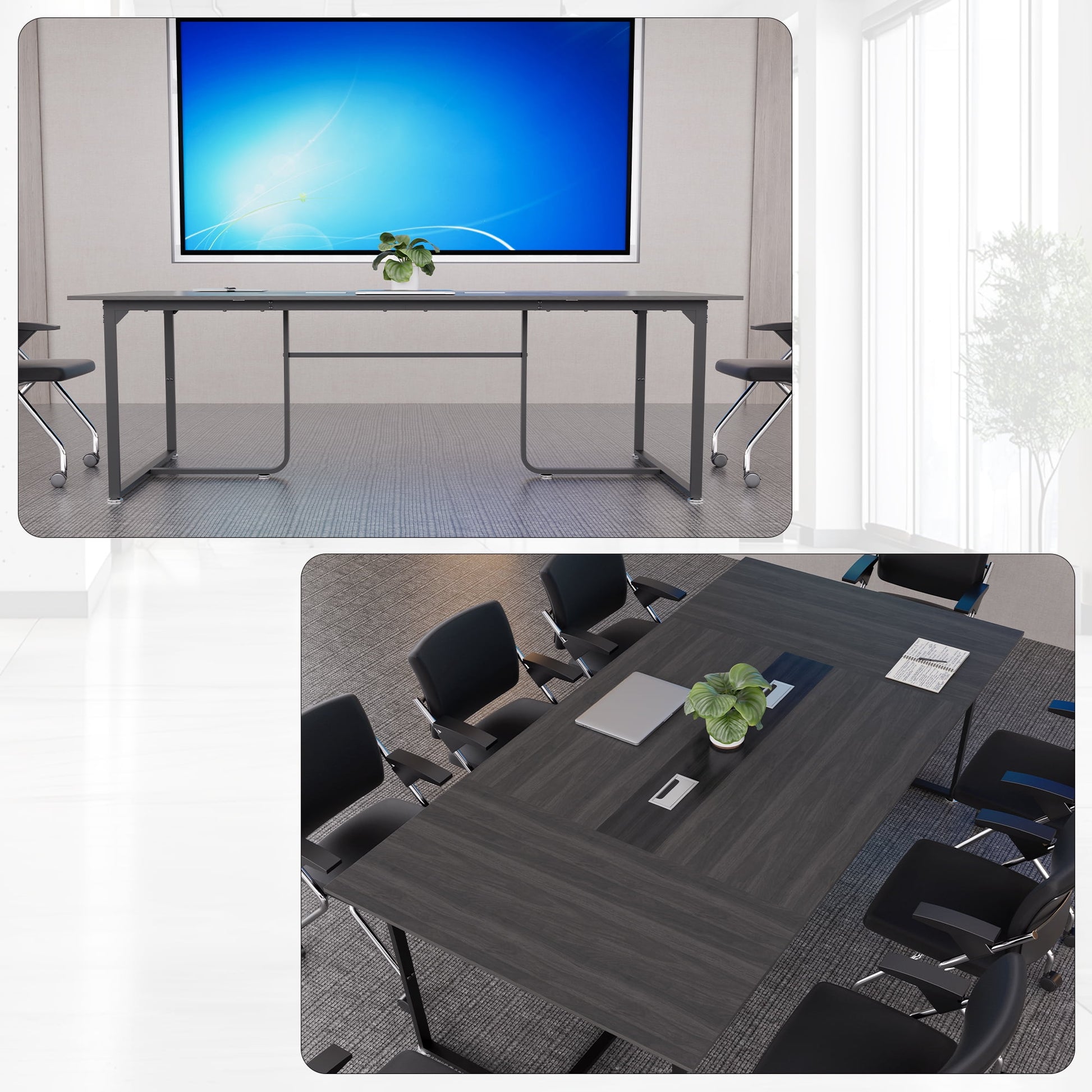 Haooyeah Conference Table 94.4" x 47.2", Large Meeting Desk, Flip-Top Cable Management Box, Double Reinforced Frame, Triangular Support Base, Adjustable Foot Pads, Gray