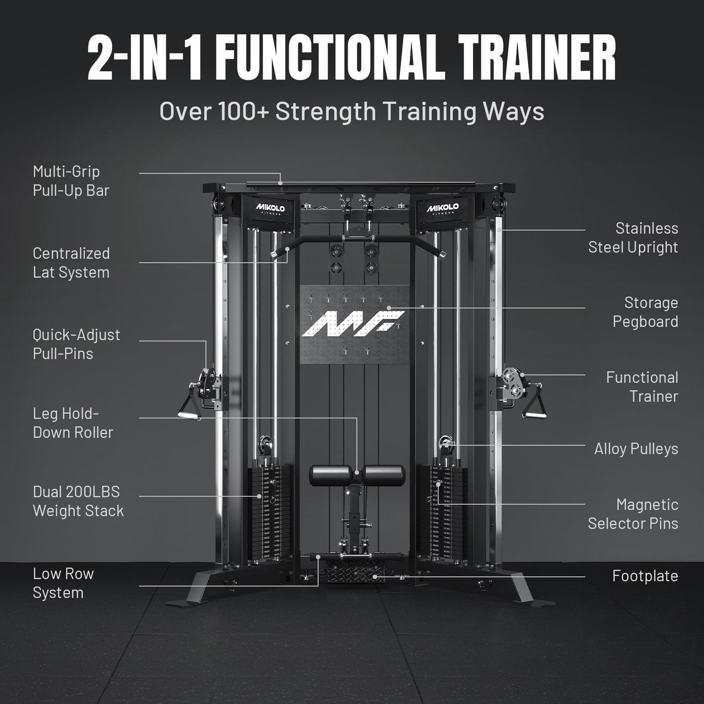 Mikolo Functional Trainer with 400lbs Weight Stack, Cable Crossover Machine with Independent Double Pulley System, 2000lbs Multi-Functional Chest Fly Machine, Lat Pulldown Machine Home Gym with Bench