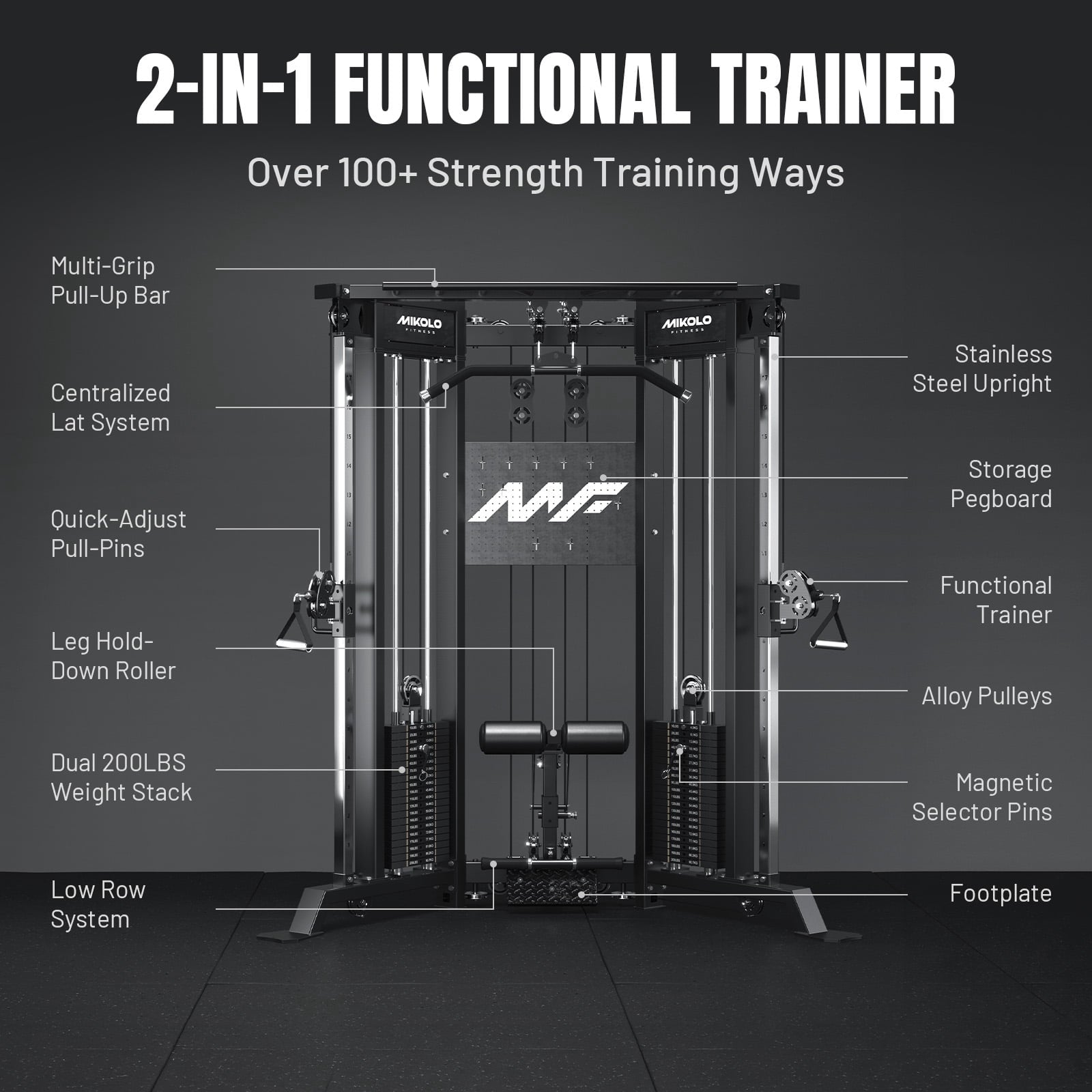 Mikolo Functional Trainer with 400lbs Weight Stack, Cable Crossover Machine with Independent Double Pulley System, 2000lbs Multi-Functional Chest Fly Machine, Lat Pulldown Machine Home Gym with Bench