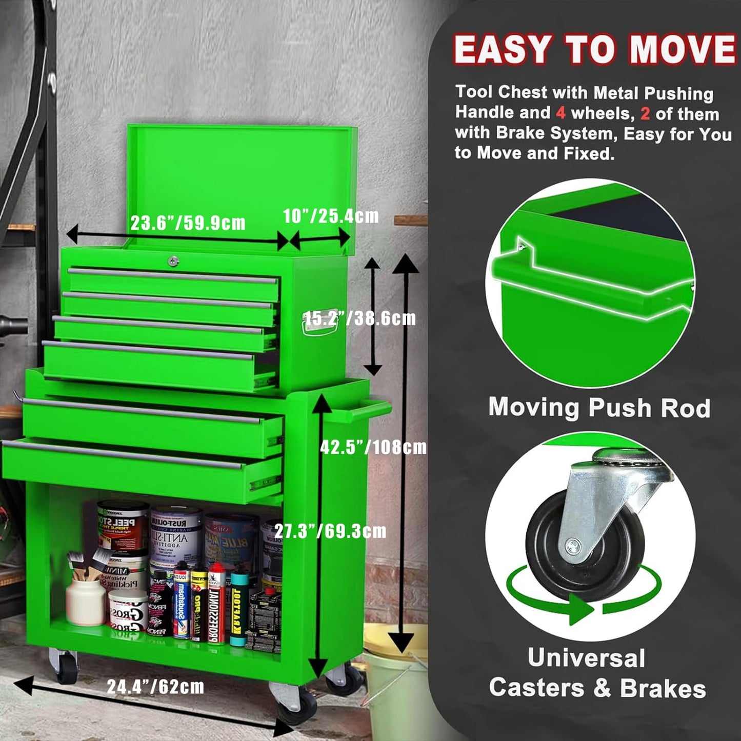 Artbros 8-Drawer Rolling Tool Chest, Large Tool Cabinet with Wheels, Detachable Toolbox Storage for Garage, Repair Shop, Workshop, Green