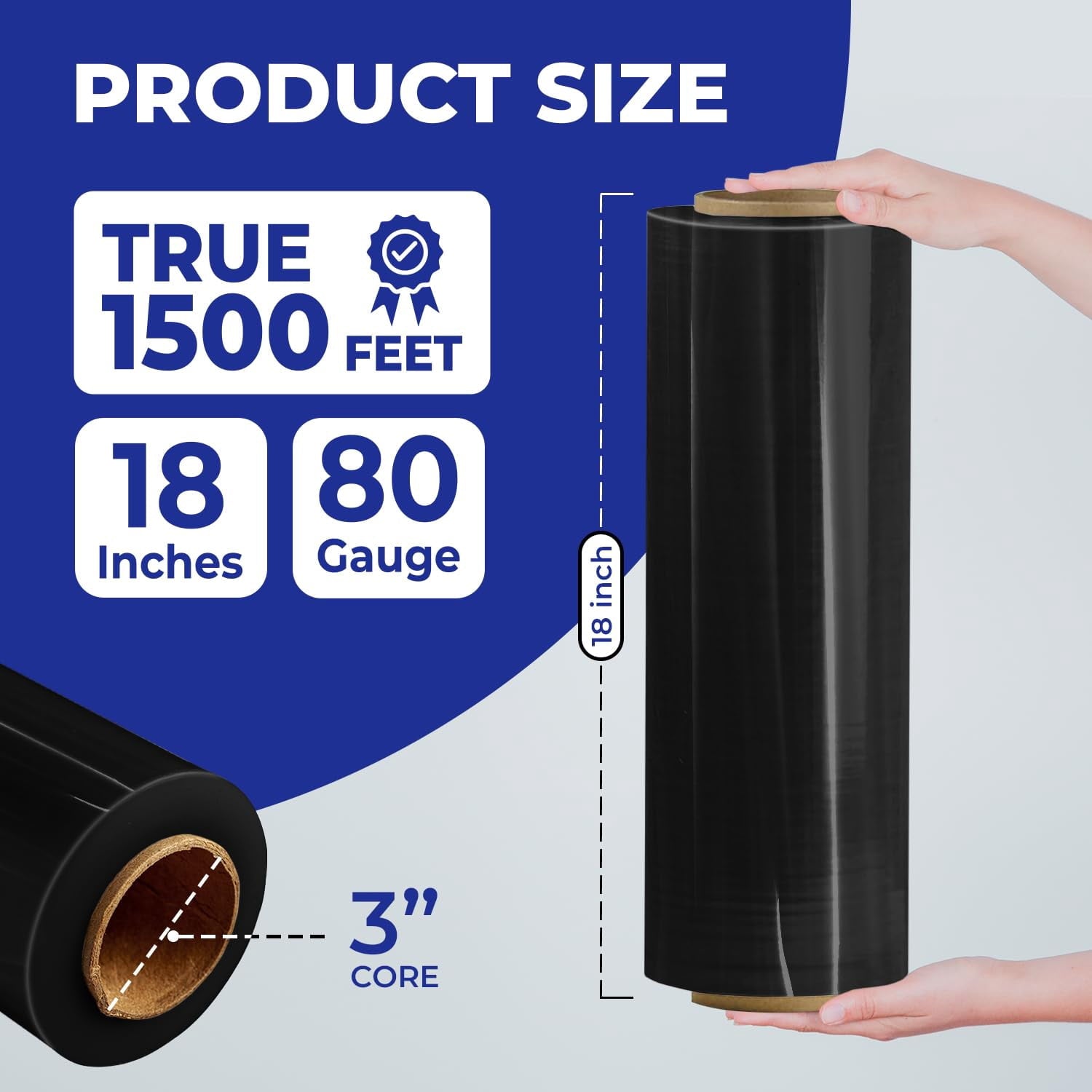 Rosmonde Black Plastic Stretch Wrap Bulk, 128 Rolls Pack, 18 in x 1500 ft, 80 Gauge Thick, 9.4 lbs/Roll, Industrial Strength Shrink Wrap for Warehouse, Moving & Secure Pallet Wrapping