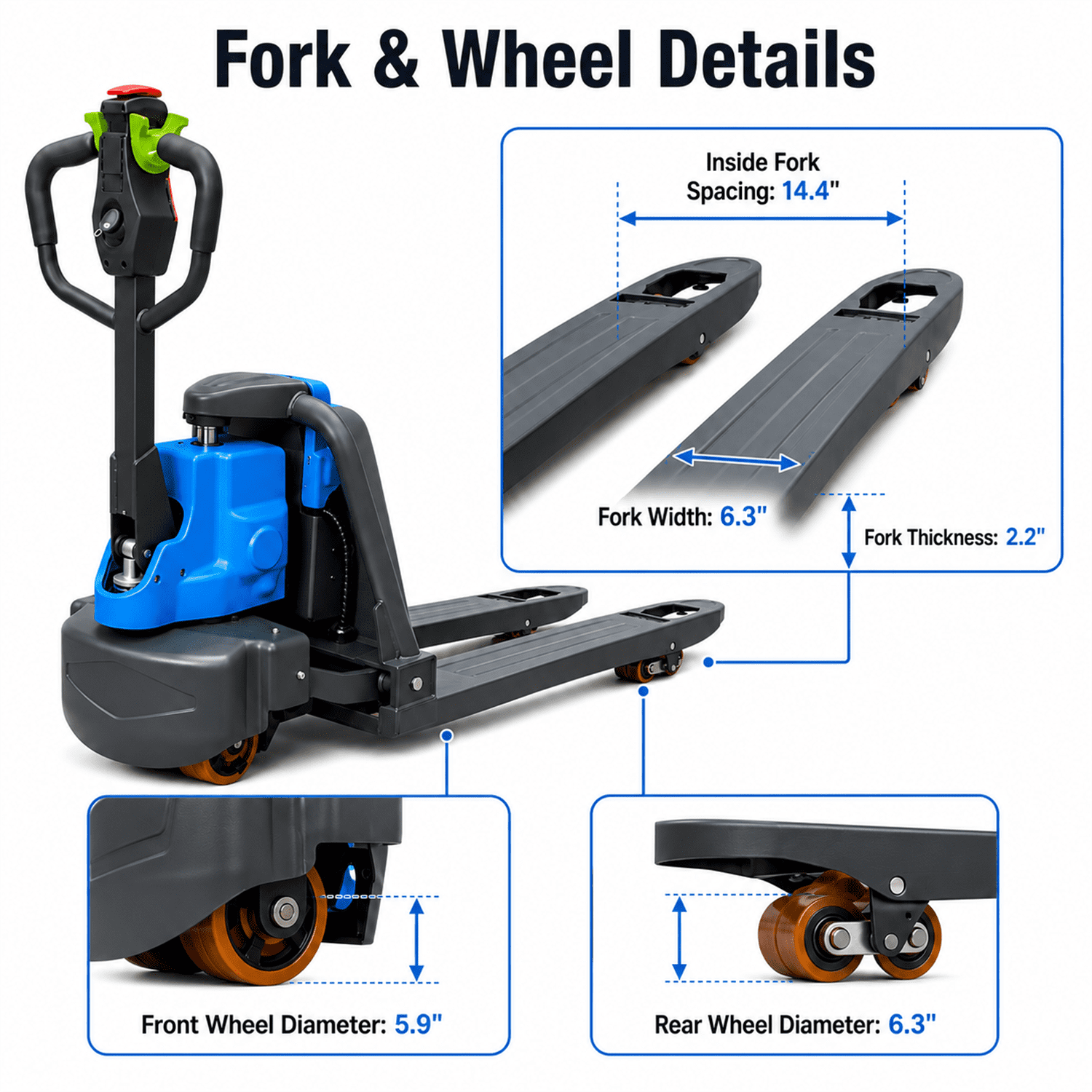 HPDMC Li-Ion Electric Pallet Truck, 3306 lbs Capacity Electric Pallet Jack with 48" Forks, Ergonomic Control Handle, PU Load Wheels, Easy-Access Charging Port for Warehouse Use