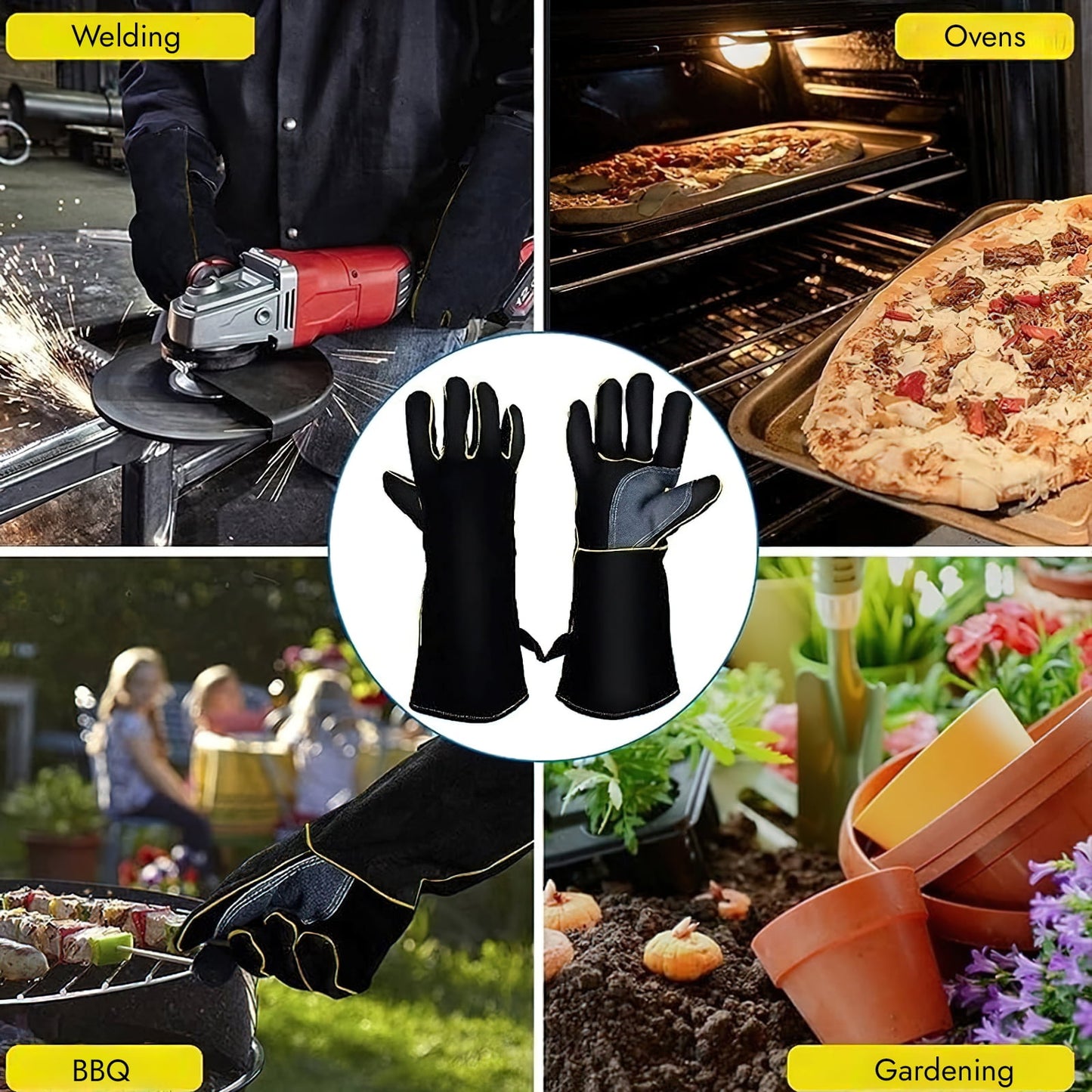 16 inch Leather Welding Gloves, Large Black Fireproof and Heat Resistant Work Gloves