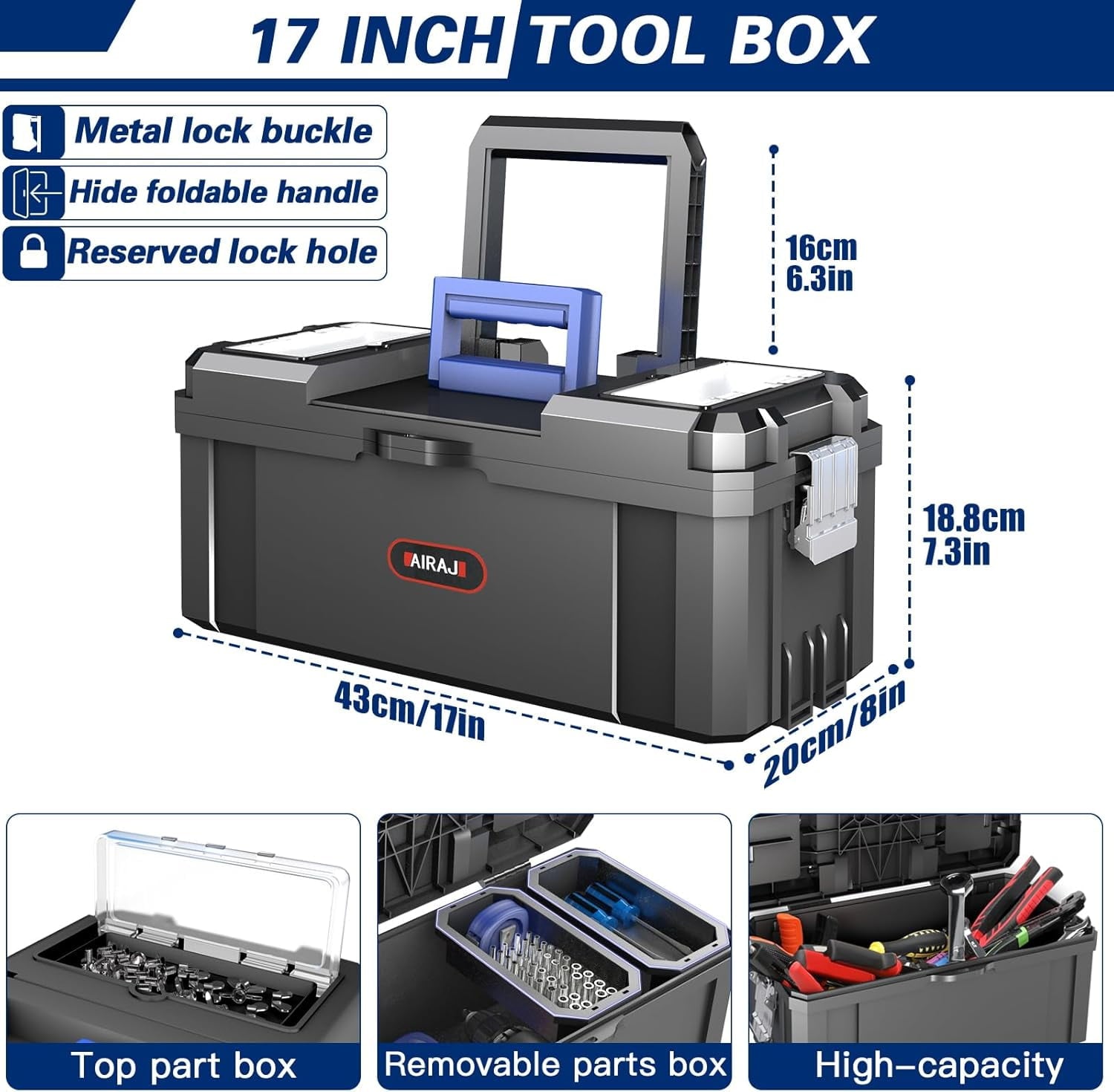 3 IN 1 Rolling Tool Box With Wheels,Stackable Modular Tool Storage Organizer & Removable Small Parts Trays for Garage Workshop Home Storage (17"+19"+21")
