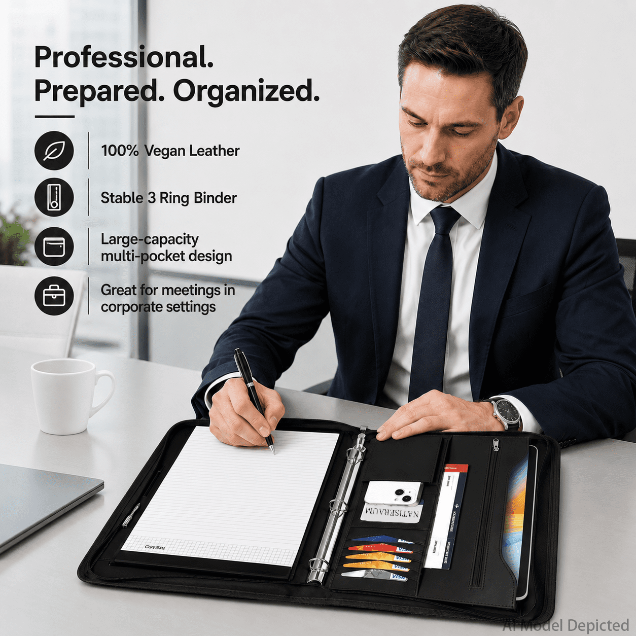 NATISERAUM Portfolio Binder, Includes 10 Sheet Protectors and 3 Notepads, 3-Ring Folder Organizer, A4 Padfolio with Zipper, Vegan Leather Tablet Sleeve,Office Supplies