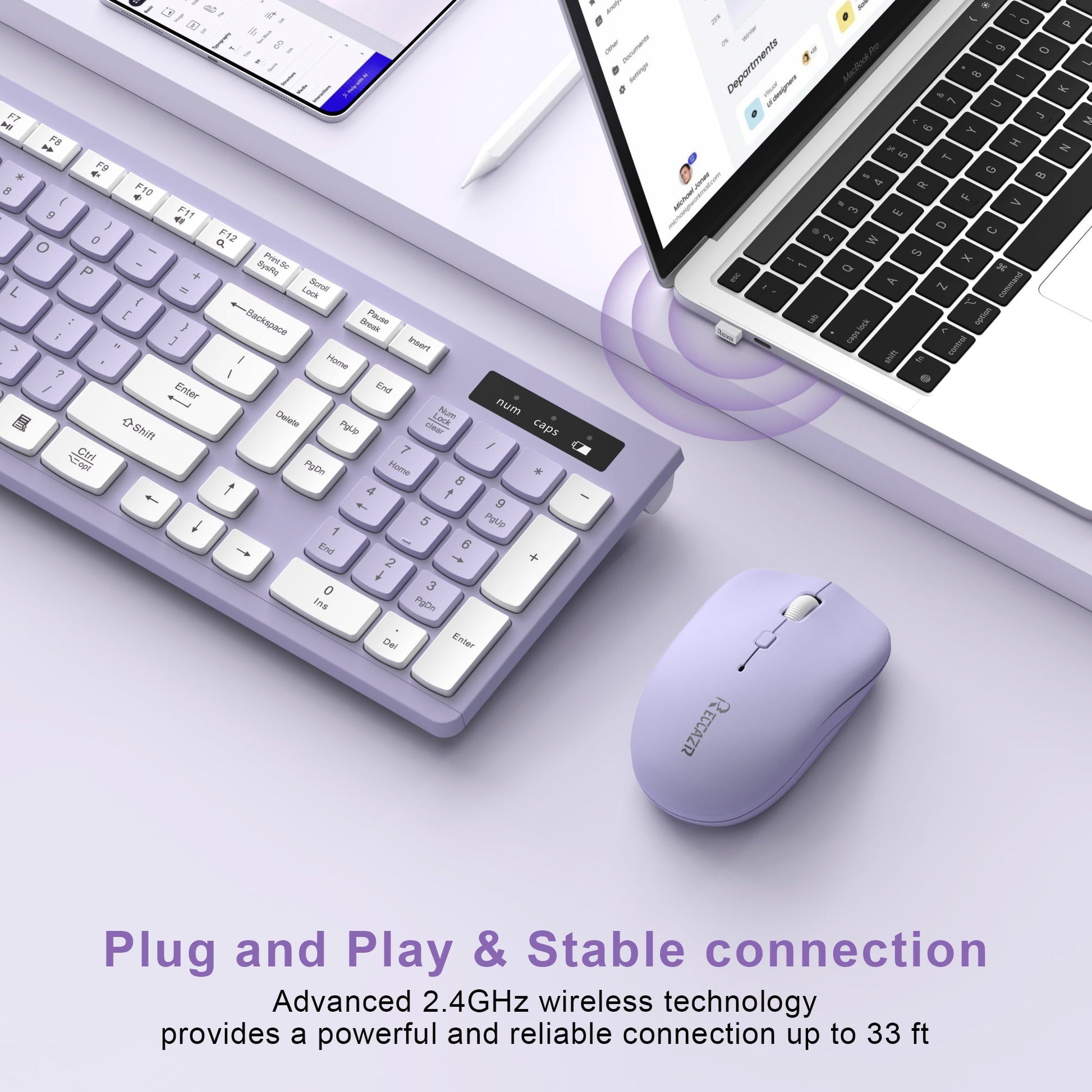 RECCAZR Wireless Keyboard and Mouse Combo , 2.4G Full Size, 12 Multimedia and Shortcut Keys, 3-Year Battery Life, for Windows, Mac OS Desktop/Laptop/PC(Purple)
