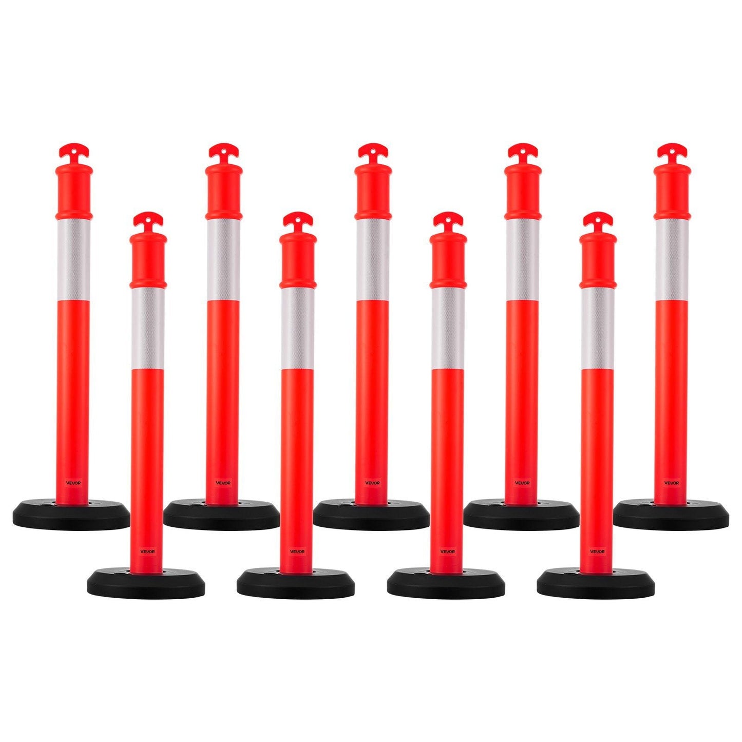 9-Pack of 48-Inch Fillable Safety Cones with Reflective Strips – Heavy Duty Traffic Delineator Posts for Construction, Parking, and Event Crowd Control, Red