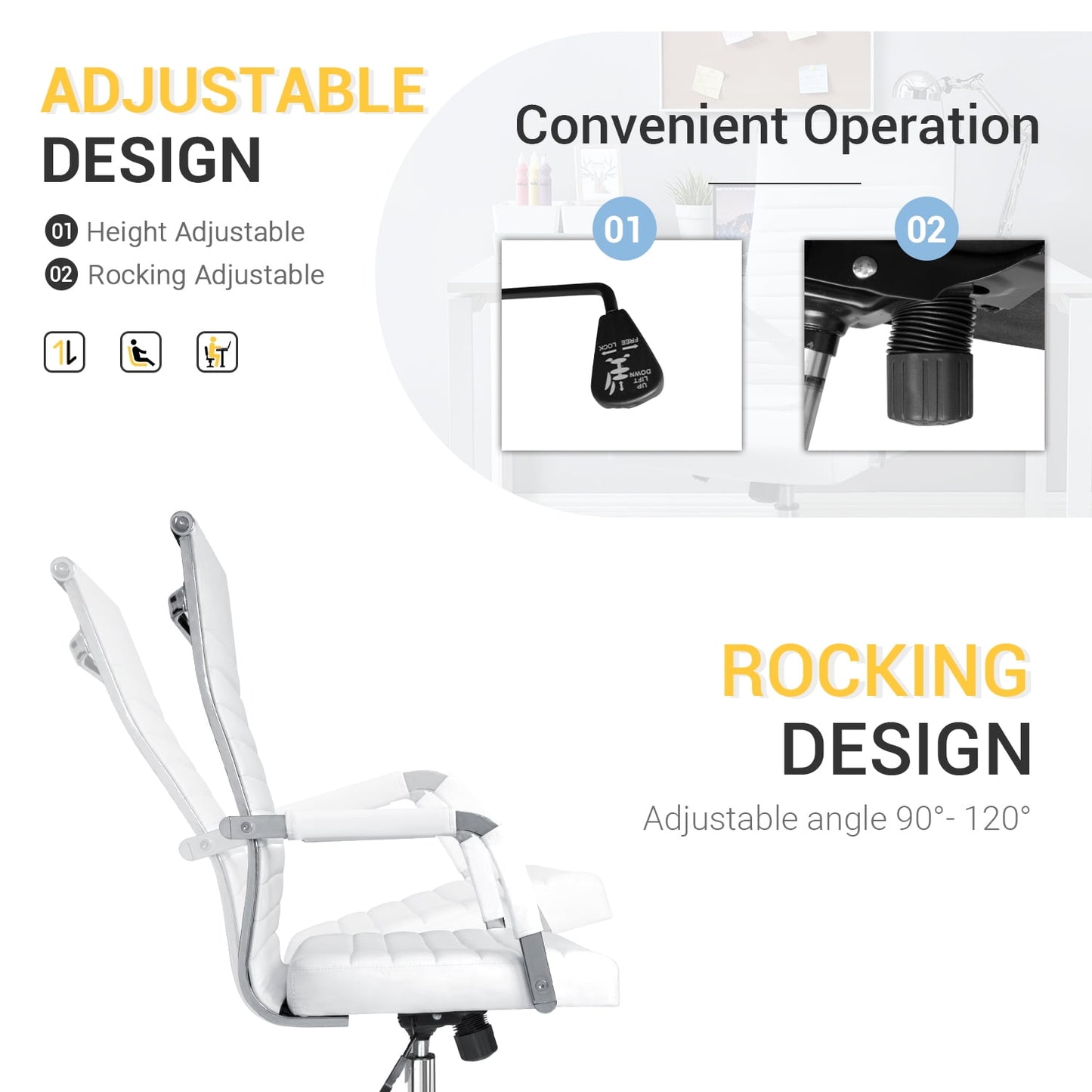 Furmax Ribbed Executive Chair with Swivel & Lumbar Support, 300 lb. Capacity, White