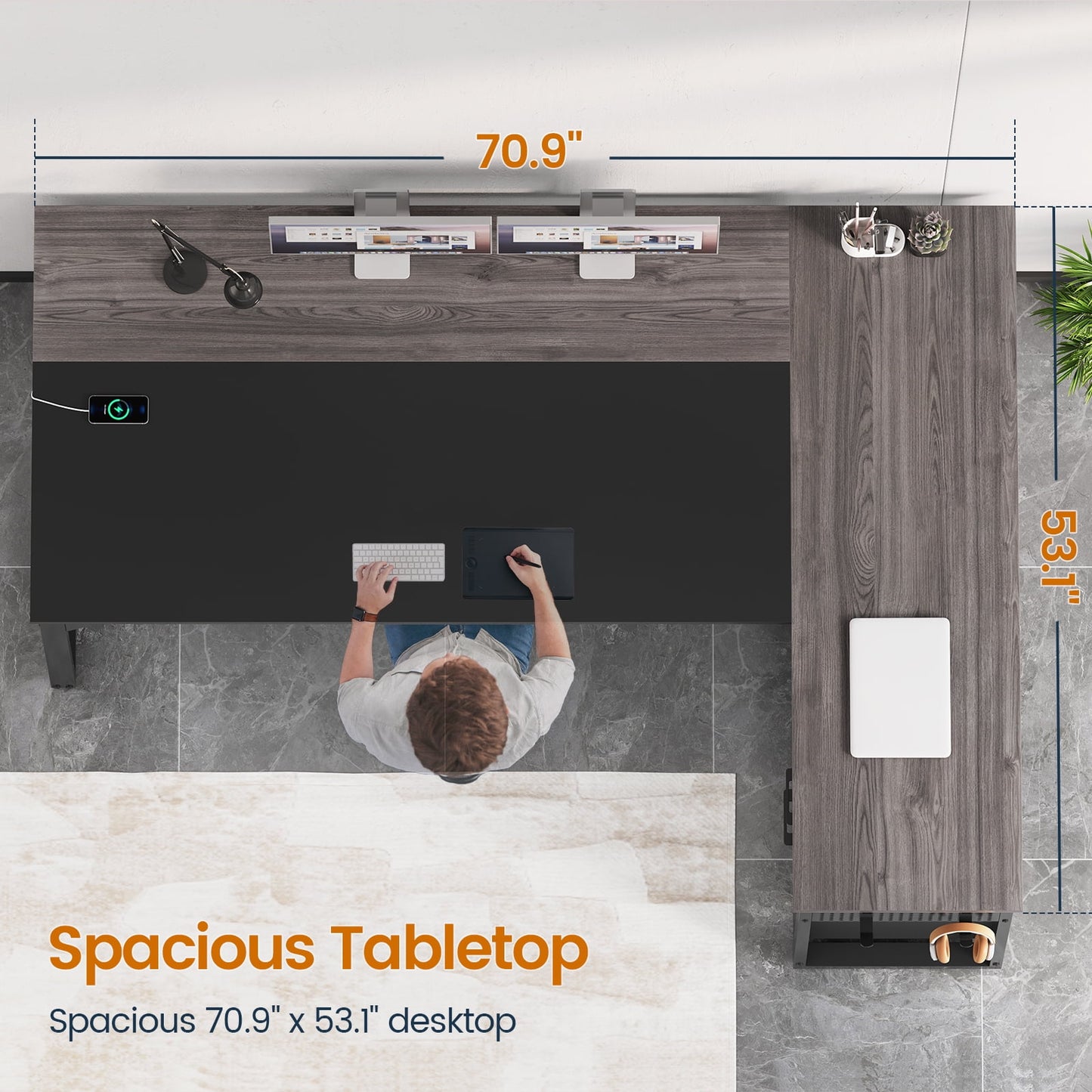 71" Executive Desk with Power Outlets, Modern L Shaped Office Desk with File Drawers and Pegboard, Large Computer Desk, Gray