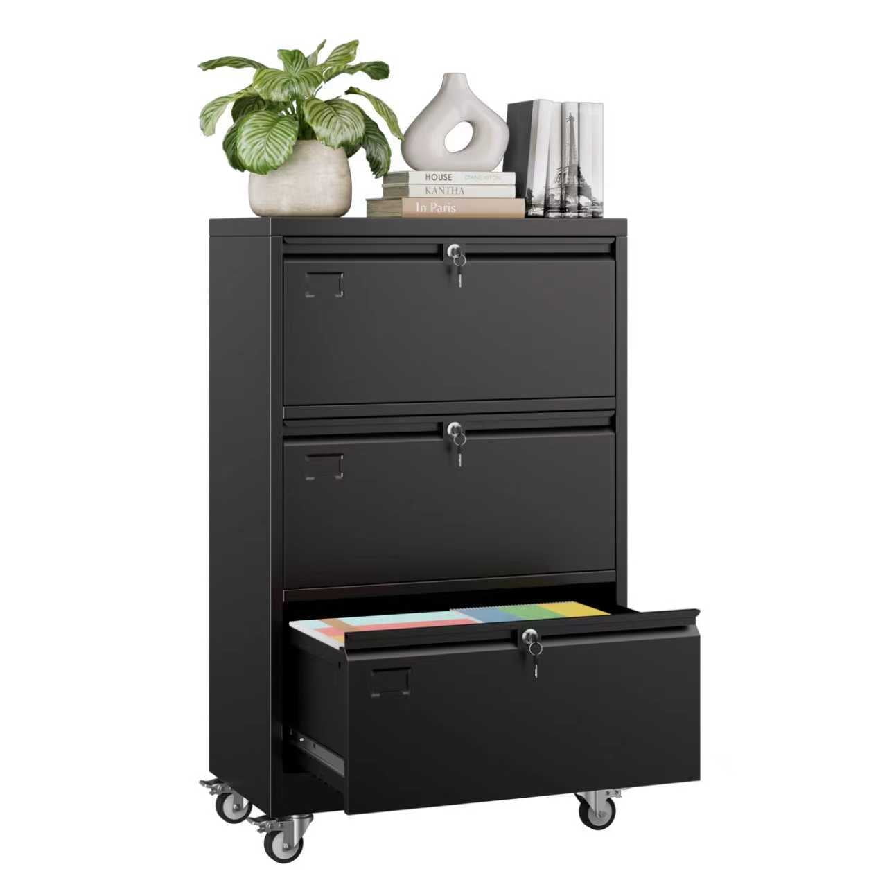 Aobabo 3 Drawer Metal Lateral File Cabinet with Wheels & Shelf , Wide Filing Cabinet with Lock for Office,Home,School,Garage,Fit A4/Letter/Legal File,Required-Assembly,Black