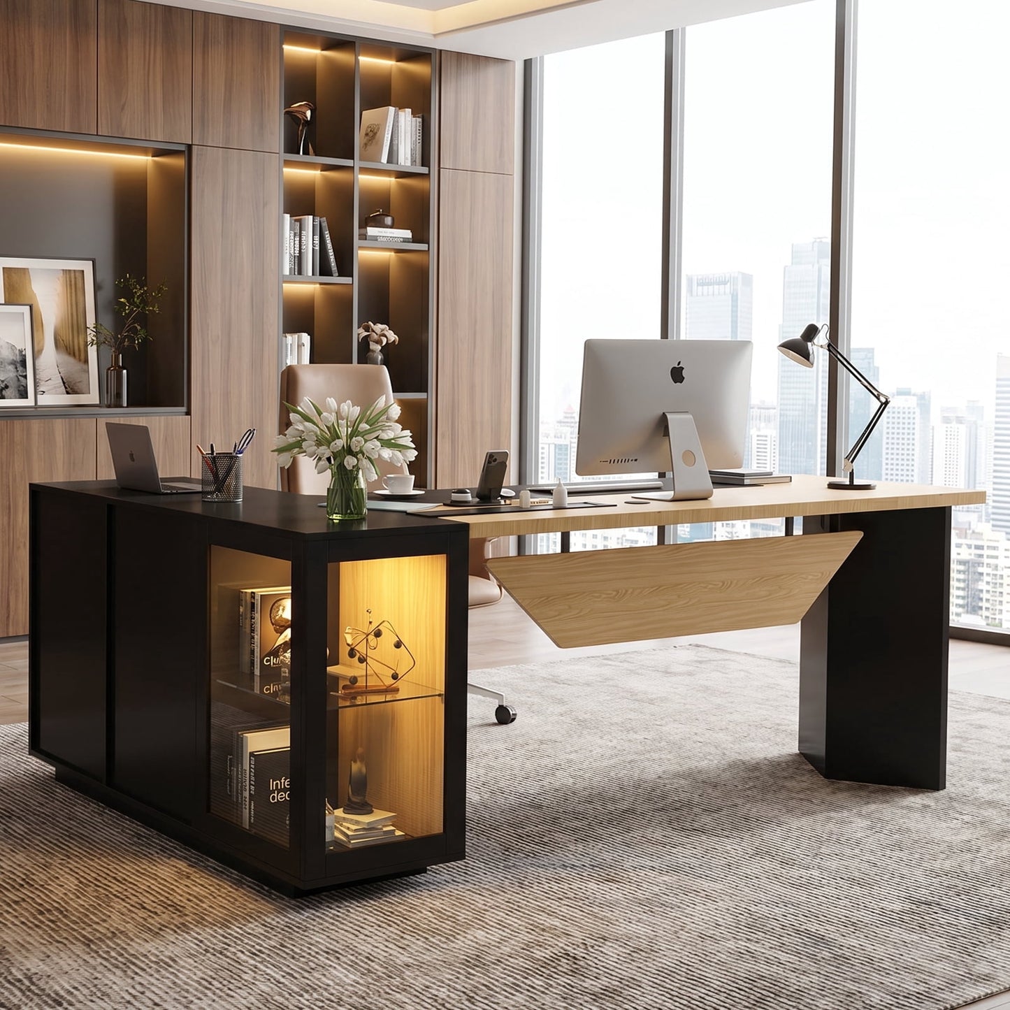 Advwin Modern 74.4" L-Shaped Executive Desk with Display Cabinet & Power Outlet, Large Luxury Office Desk Corner Workstation with File Drawer & LED Light, Black+Brown
