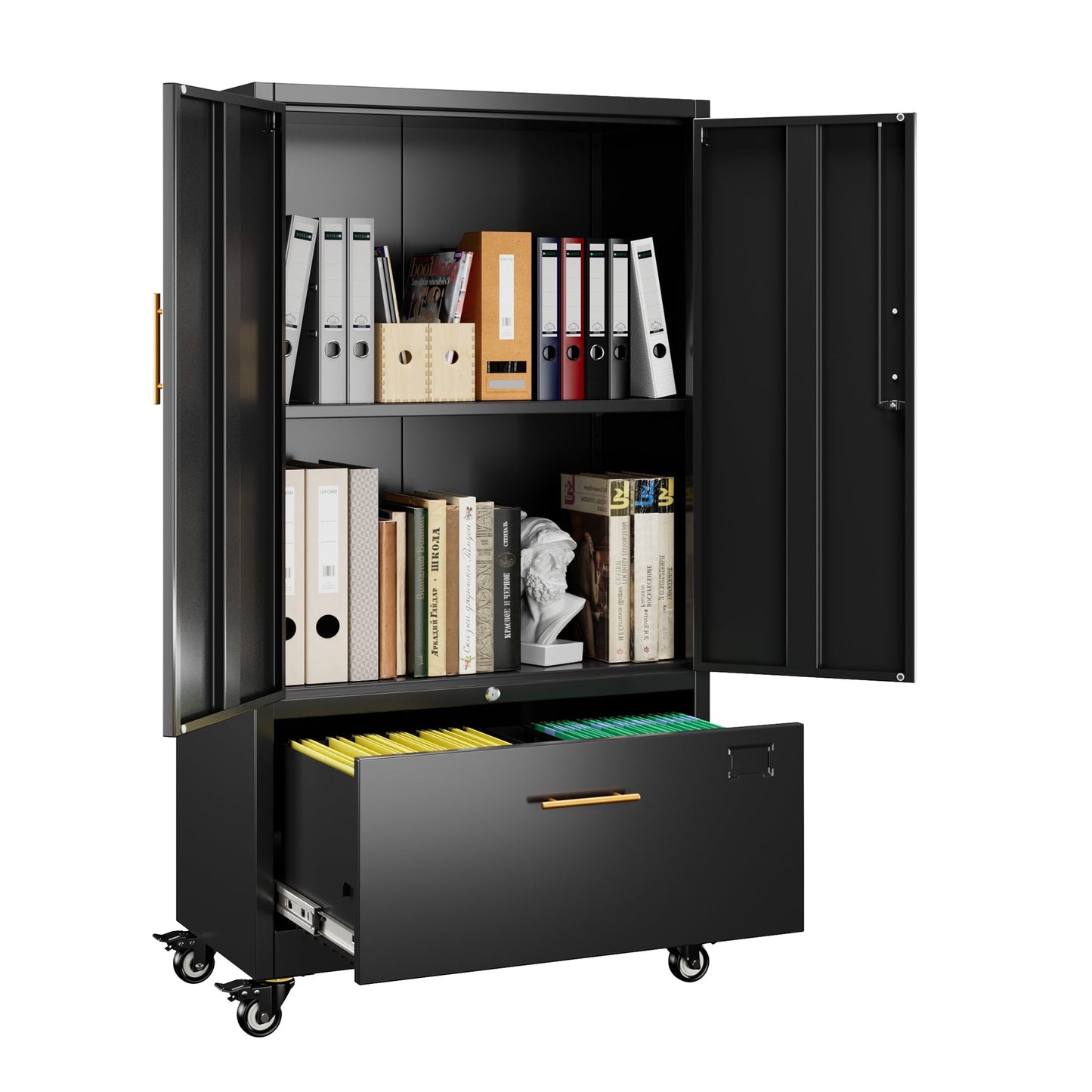 Aobabo 3 Drawer Metal Lateral File Cabinet with Wheels & Shelf , Wide Filing Cabinet with Lock for Office,Home,School,Garage,Fit A4/Letter/Legal File,Required-Assembly,Black
