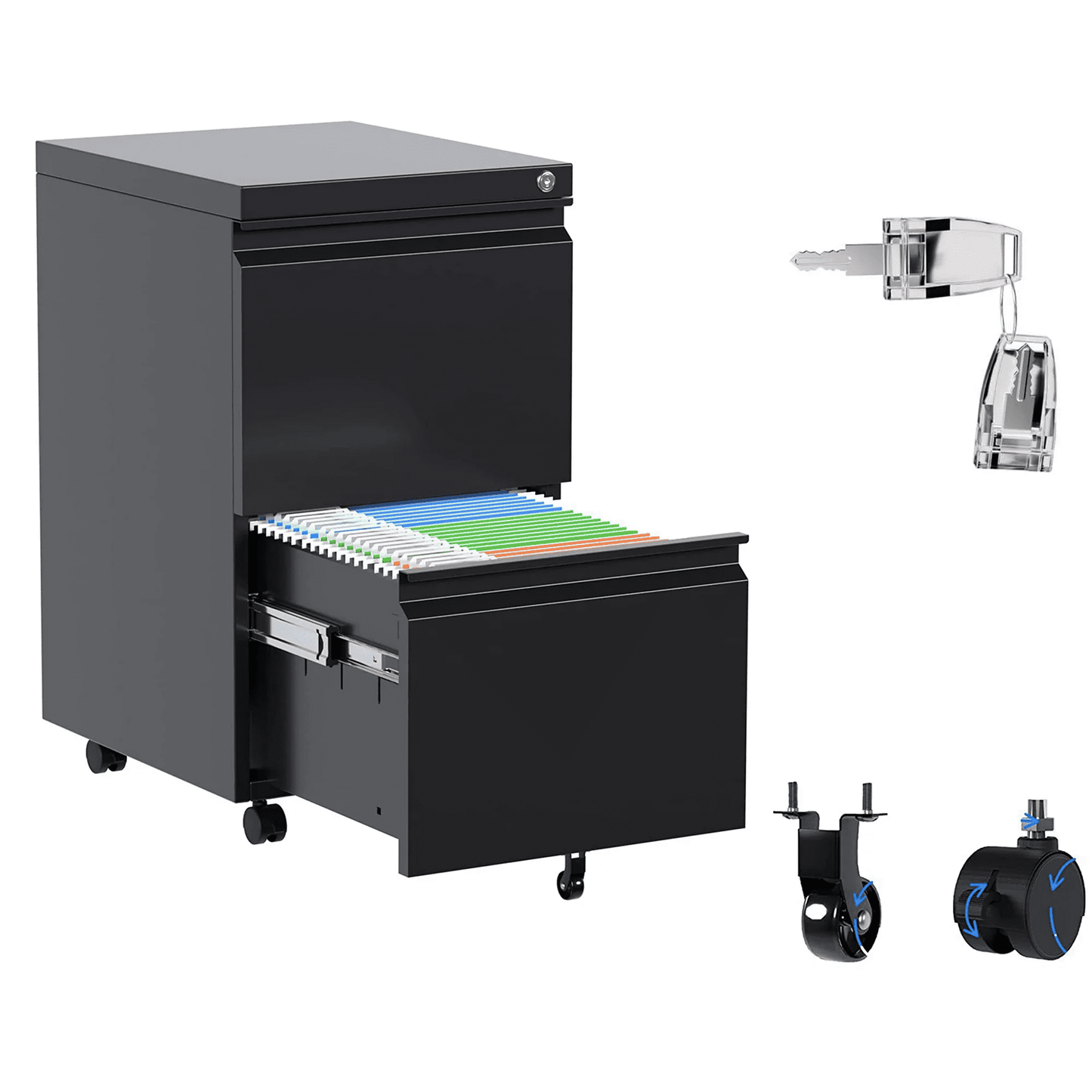 Aobabo 3 Drawer Metal Lateral File Cabinet with Wheels & Shelf , Wide Filing Cabinet with Lock for Office,Home,School,Garage,Fit A4/Letter/Legal File,Required-Assembly,Black