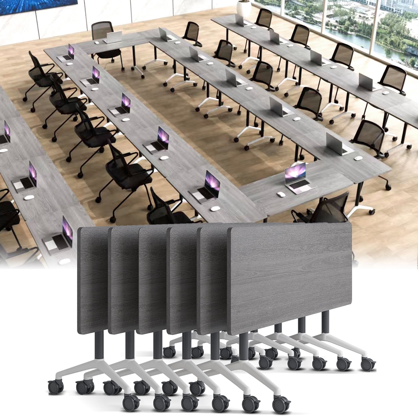Folding Conference Table with Wheels, Modular Flip Top Meeting Desk, Commercial Training Table for Office Classroom(8,Black 2,61" D X 19.6" W X 29.5" H)