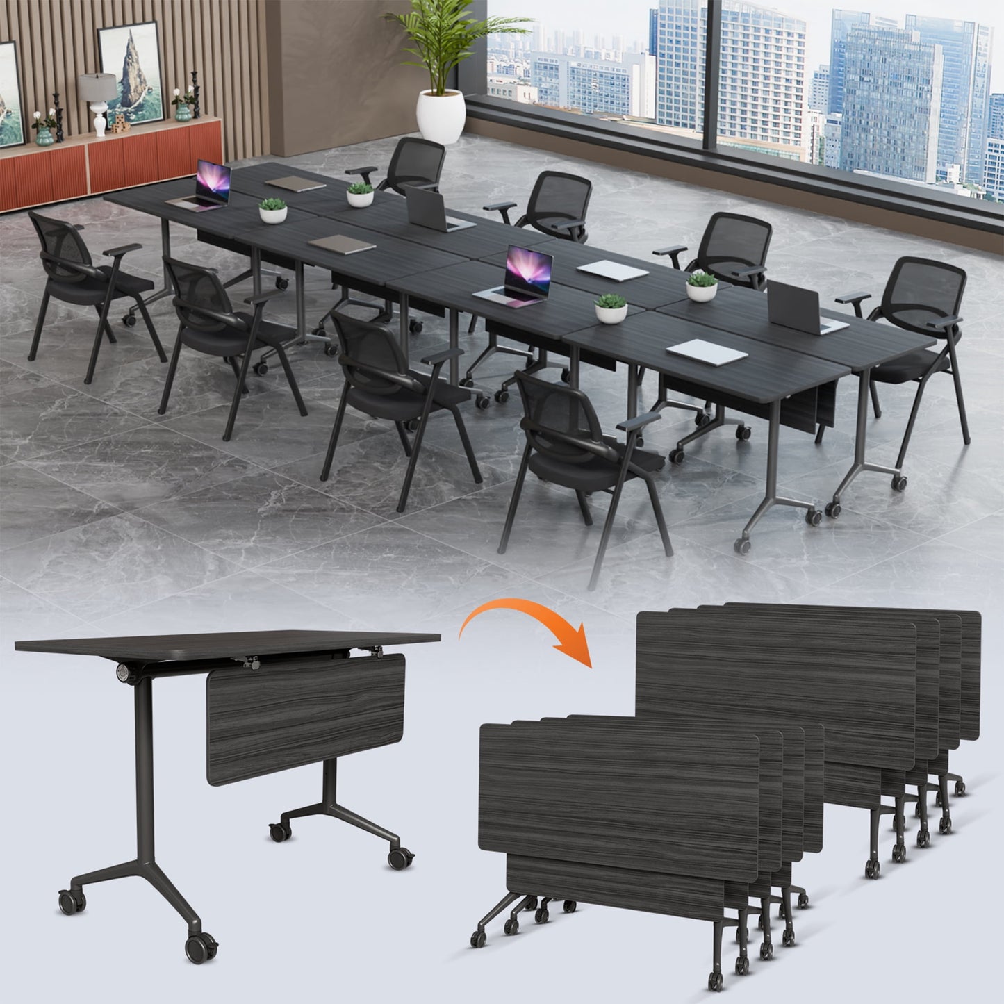 Folding Conference Table with Wheels, Modular Flip Top Meeting Desk, Commercial Training Table for Office Classroom(8,Black 2,61" D X 19.6" W X 29.5" H)